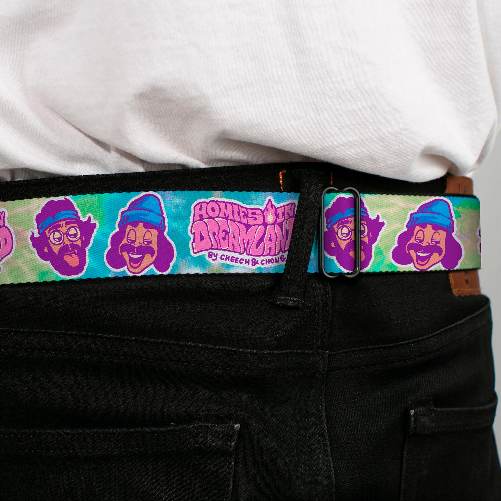 HOMIES IN DREAMLAND BY CHEECH & CHONG Title Logo Full Color Black/Purples Seatbelt Belt - HOMIES IN DREAMLAND Title Logo Cheech and Chong Faces Tie Dye Blues Webbing Seatbelt Belts Homies in Dreamland by Cheech & Chong