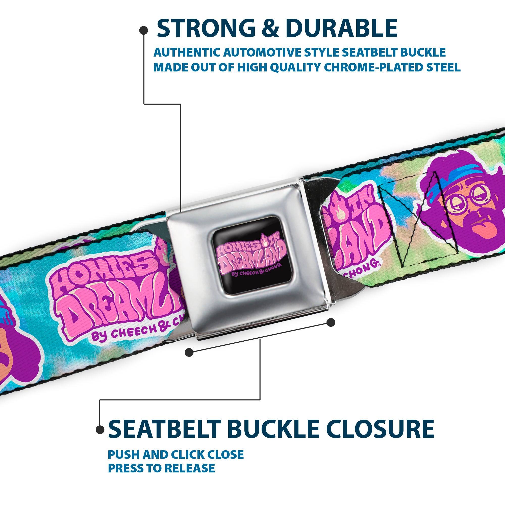 HOMIES IN DREAMLAND BY CHEECH & CHONG Title Logo Full Color Black/Purples Seatbelt Belt - HOMIES IN DREAMLAND Title Logo Cheech and Chong Faces Tie Dye Blues Webbing Seatbelt Belts Homies in Dreamland by Cheech & Chong