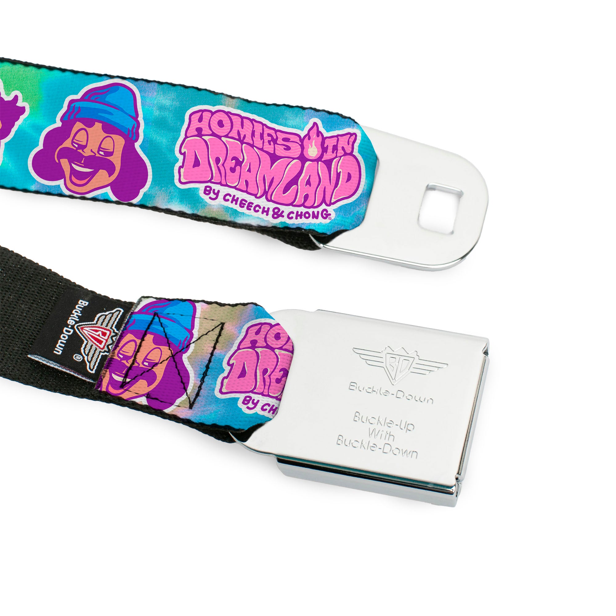 HOMIES IN DREAMLAND BY CHEECH & CHONG Title Logo Full Color Black/Purples Seatbelt Belt - HOMIES IN DREAMLAND Title Logo Cheech and Chong Faces Tie Dye Blues Webbing Seatbelt Belts Homies in Dreamland by Cheech & Chong