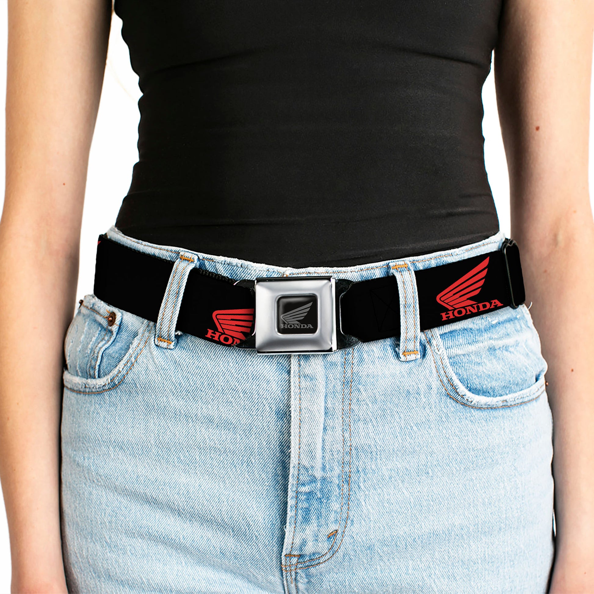 Honda Motorcycle Black Silver Seatbelt Belt - HONDA Motorcycle Logo Black/Red Webbing Seatbelt Belts Honda Motorsports