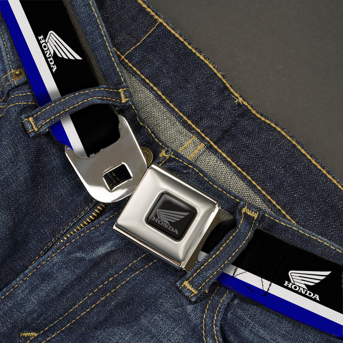 Honda Motorcycle Black/Silver Seatbelt Belt - HONDA Motorcycle Logo Stripe Black/White/Blue Webbing Seatbelt Belts Honda Motorsports