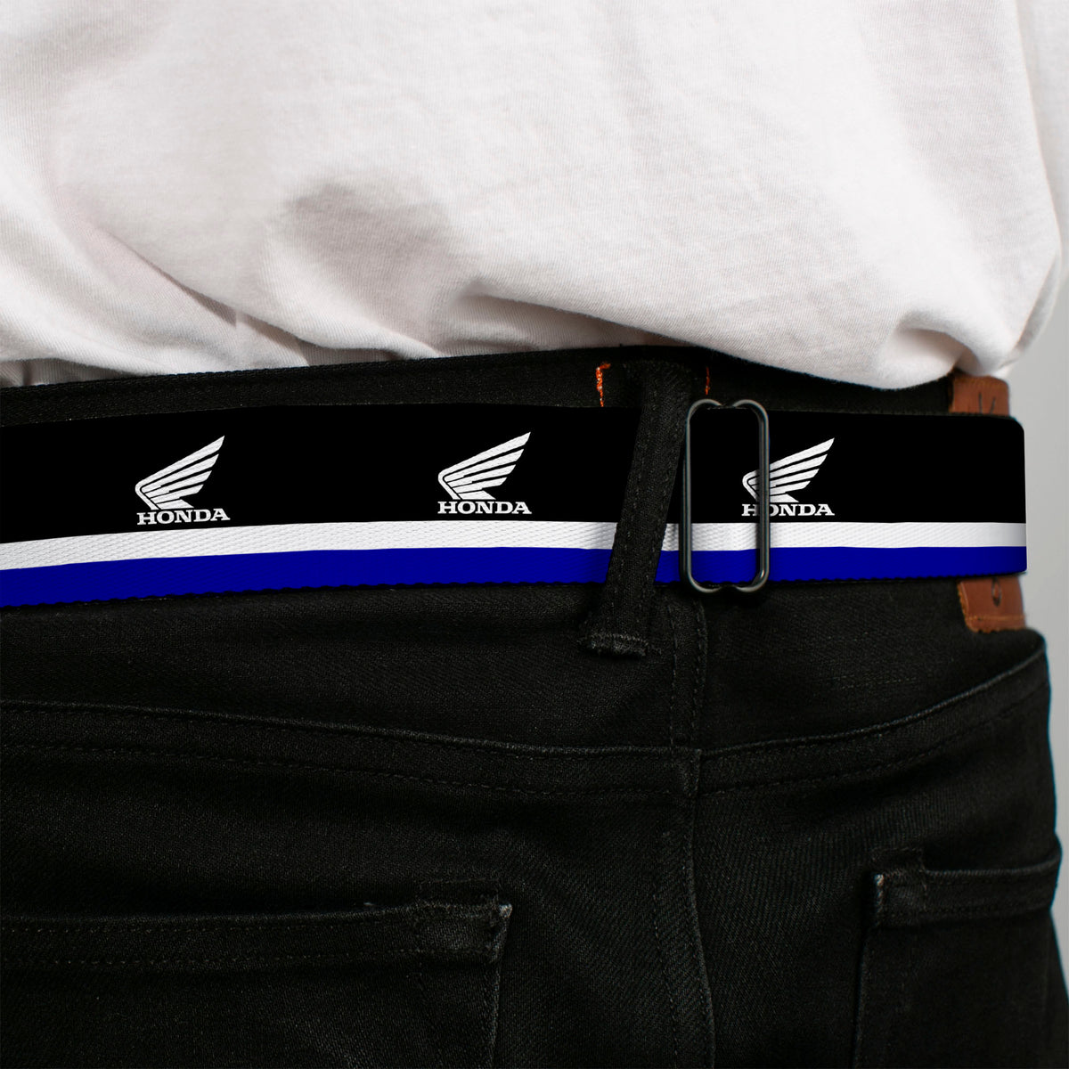 Honda Motorcycle Black/Silver Seatbelt Belt - HONDA Motorcycle Logo Stripe Black/White/Blue Webbing Seatbelt Belts Honda Motorsports