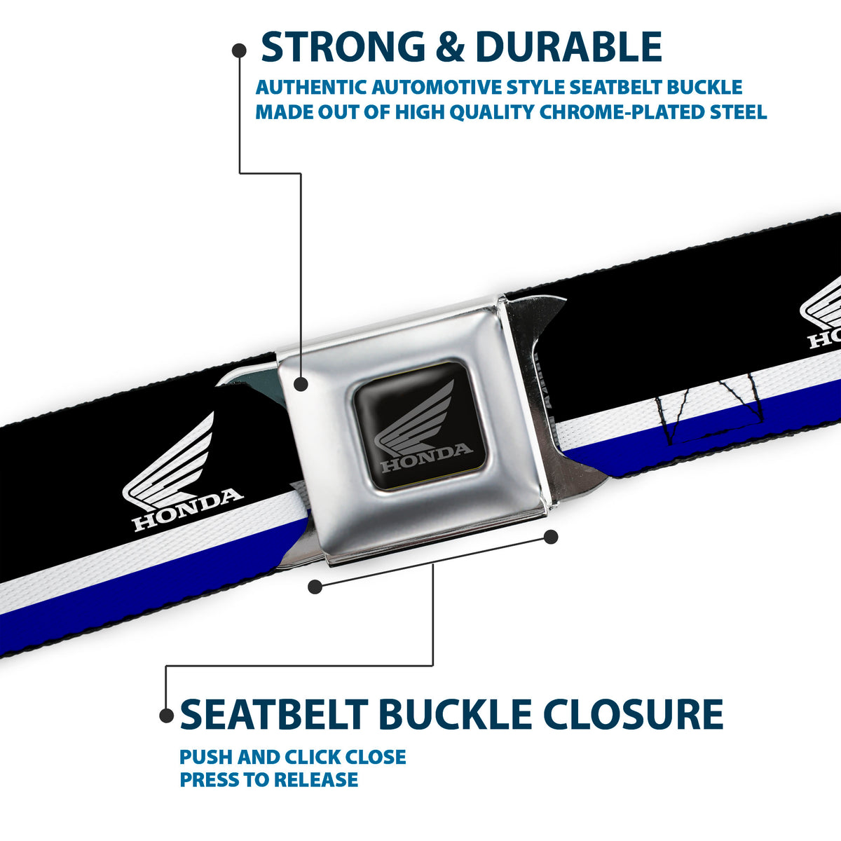 Honda Motorcycle Black/Silver Seatbelt Belt - HONDA Motorcycle Logo Stripe Black/White/Blue Webbing Seatbelt Belts Honda Motorsports