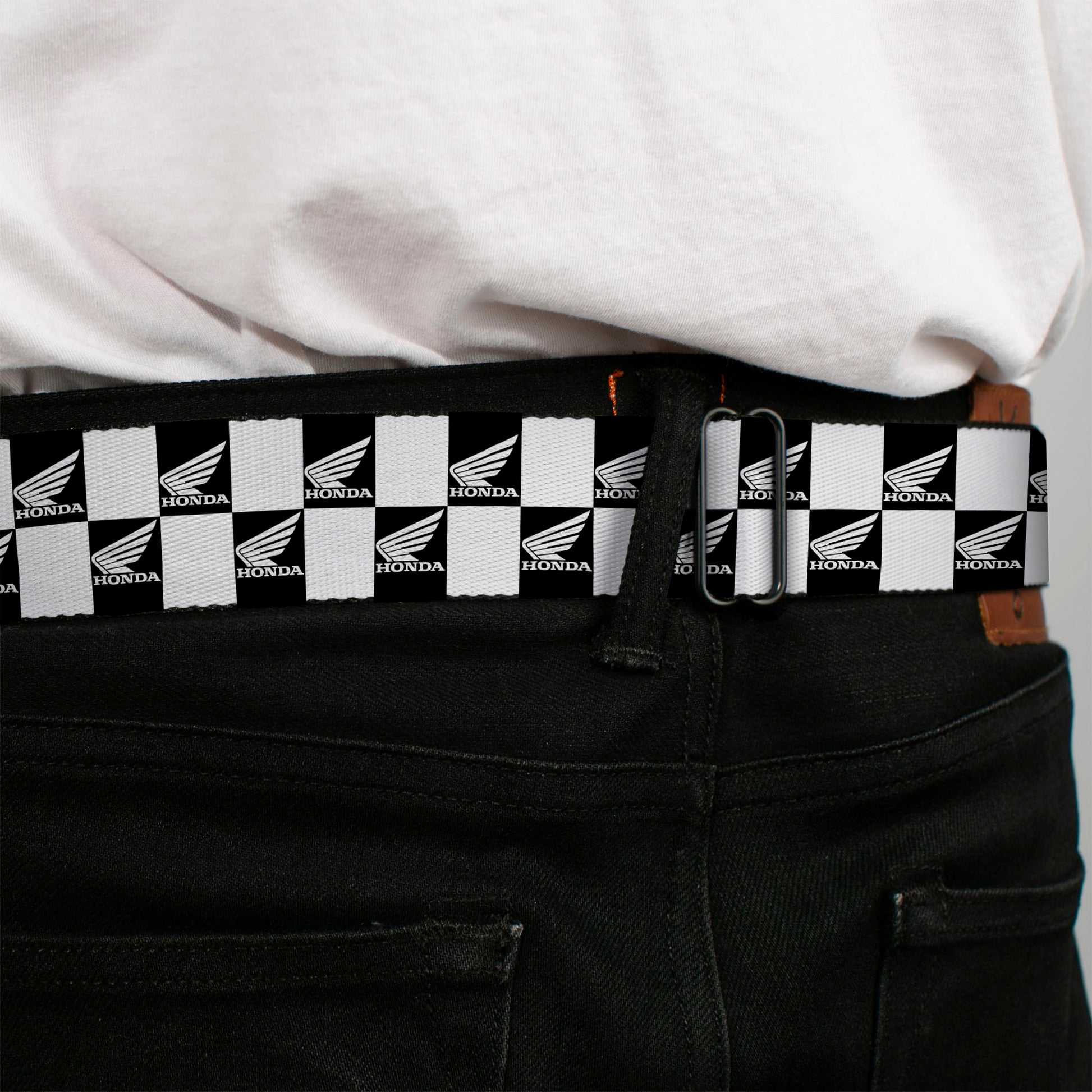 Honda Motorcycle Black/Silver Seatbelt Belt - HONDA Motorcycle Wing Logo Checker Black/White Webbing Seatbelt Belts Honda Motorsports