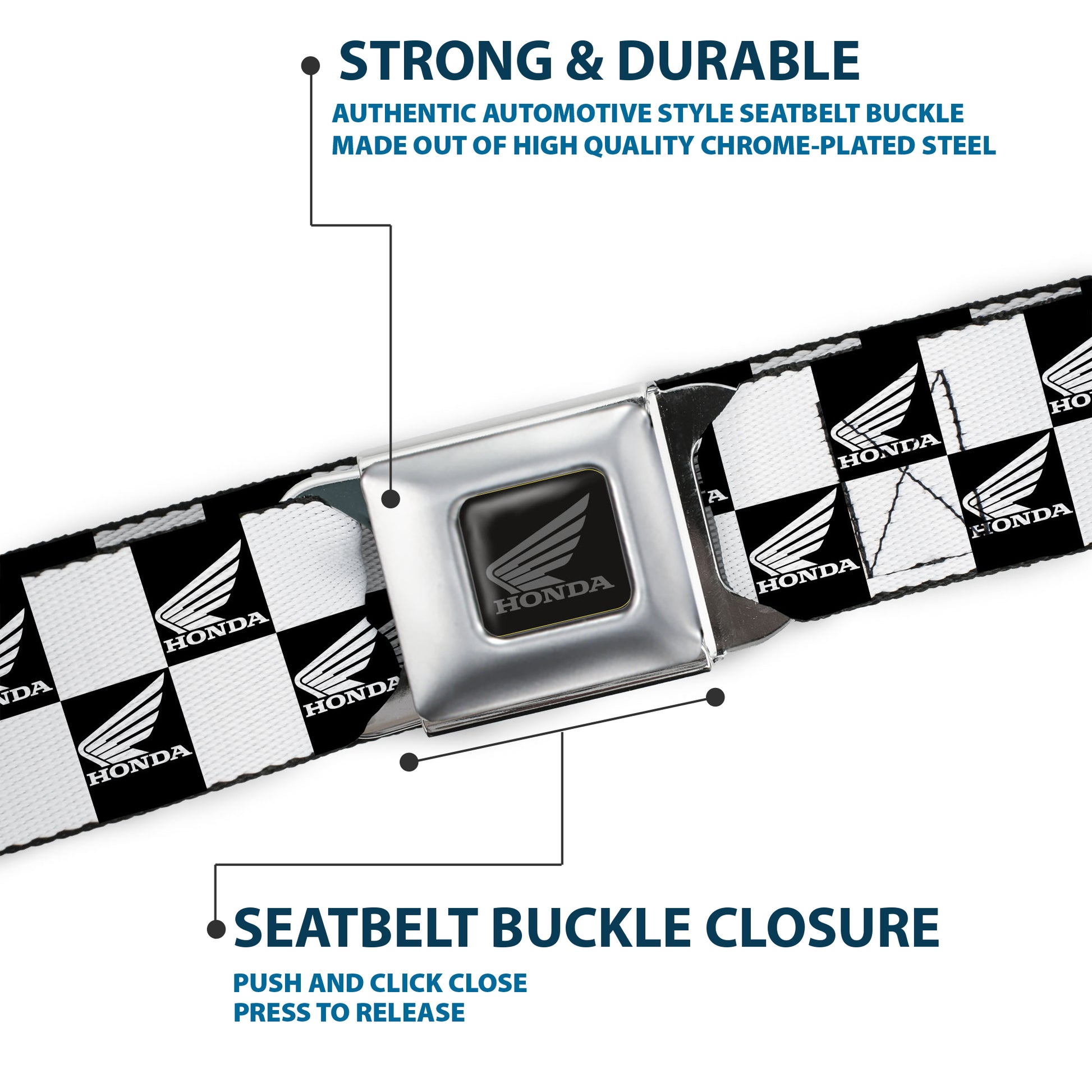 Honda Motorcycle Black/Silver Seatbelt Belt - HONDA Motorcycle Wing Logo Checker Black/White Webbing Seatbelt Belts Honda Motorsports