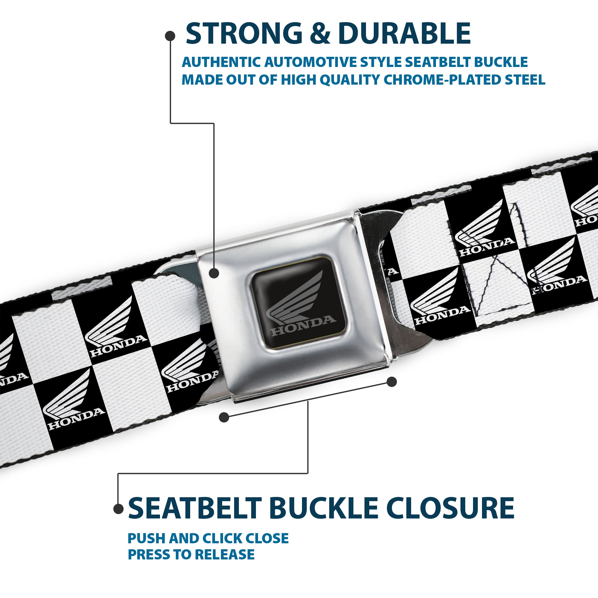 Honda Motorcycle Black/Silver Seatbelt Belt - HONDA Motorcycle Wing Logo Checker Black/White Webbing Seatbelt Belts Honda Motorsports