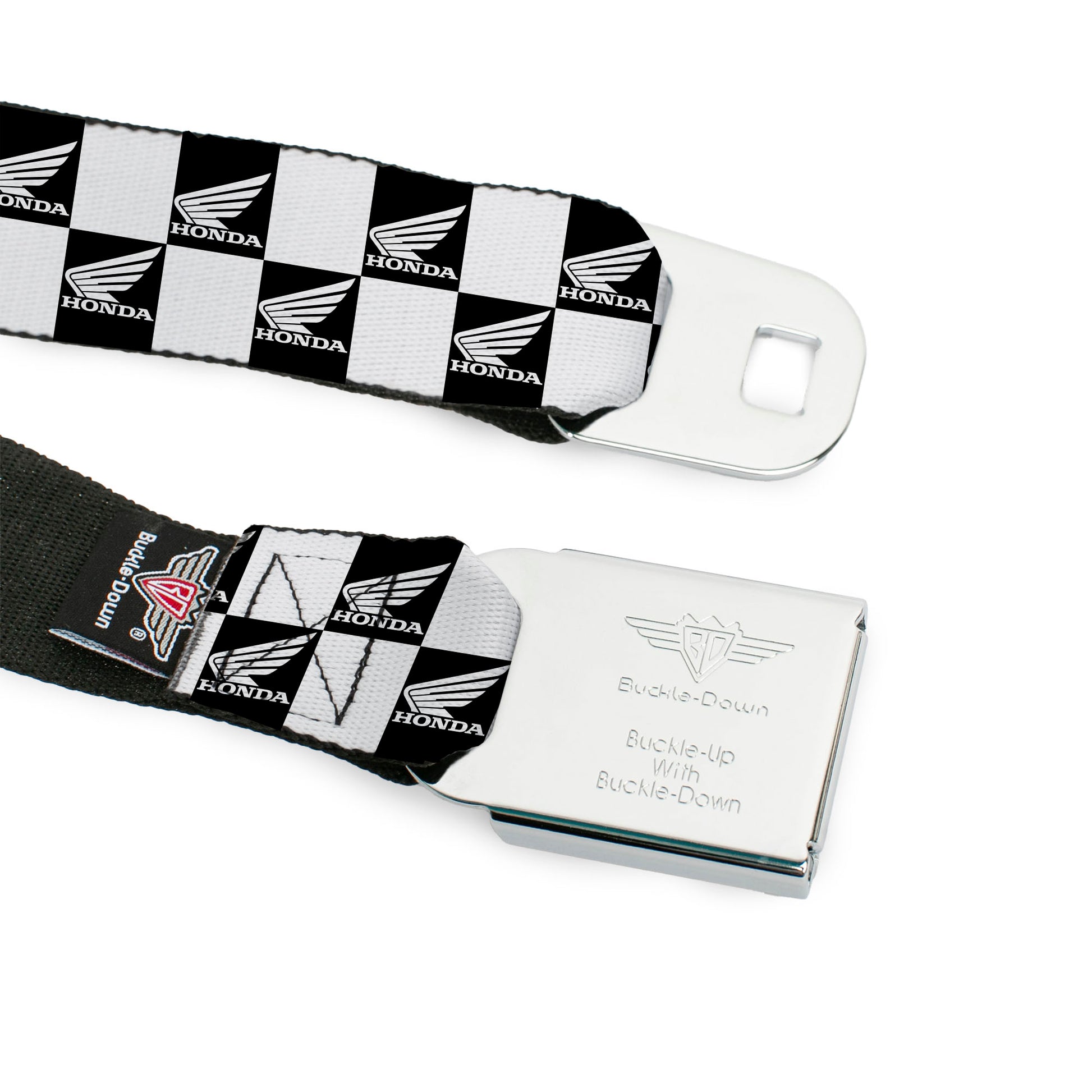 Honda Motorcycle Black/Silver Seatbelt Belt - HONDA Motorcycle Wing Logo Checker Black/White Webbing Seatbelt Belts Honda Motorsports
