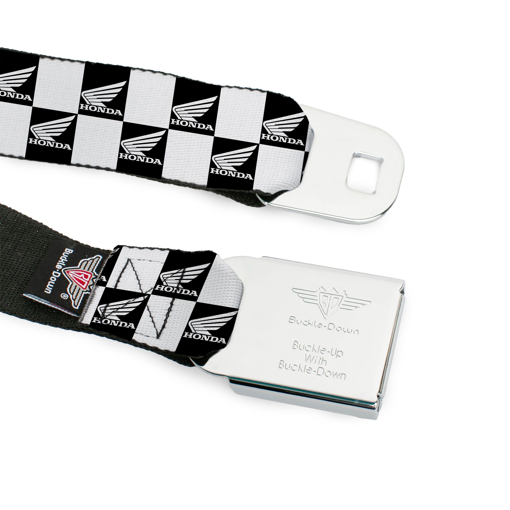 Honda Motorcycle Black/Silver Seatbelt Belt - HONDA Motorcycle Wing Logo Checker Black/White Webbing Seatbelt Belts Honda Motorsports