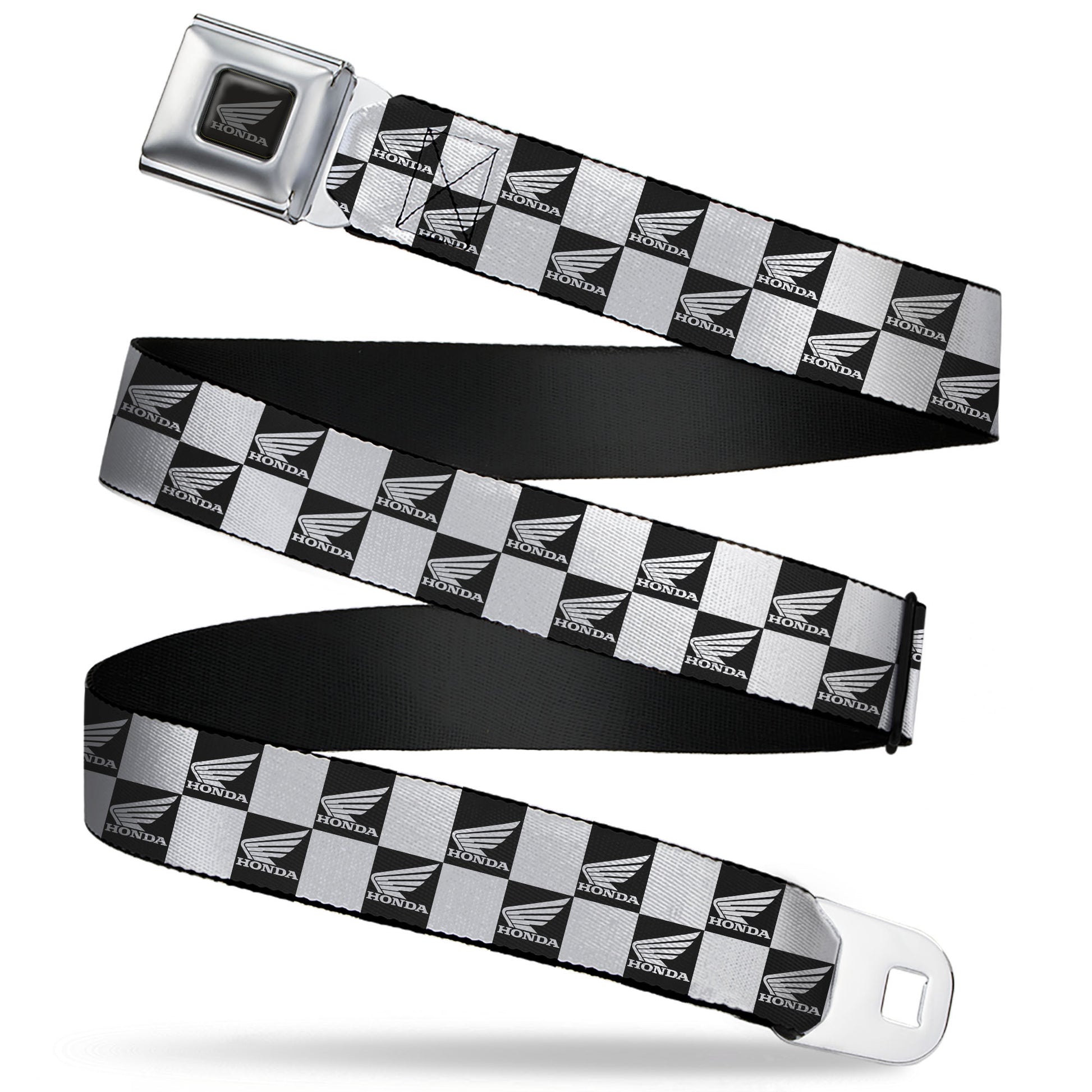 Honda Motorcycle Black/Silver Seatbelt Belt - HONDA Motorcycle Wing Logo Checker Black/White Webbing Seatbelt Belts Honda Motorsports