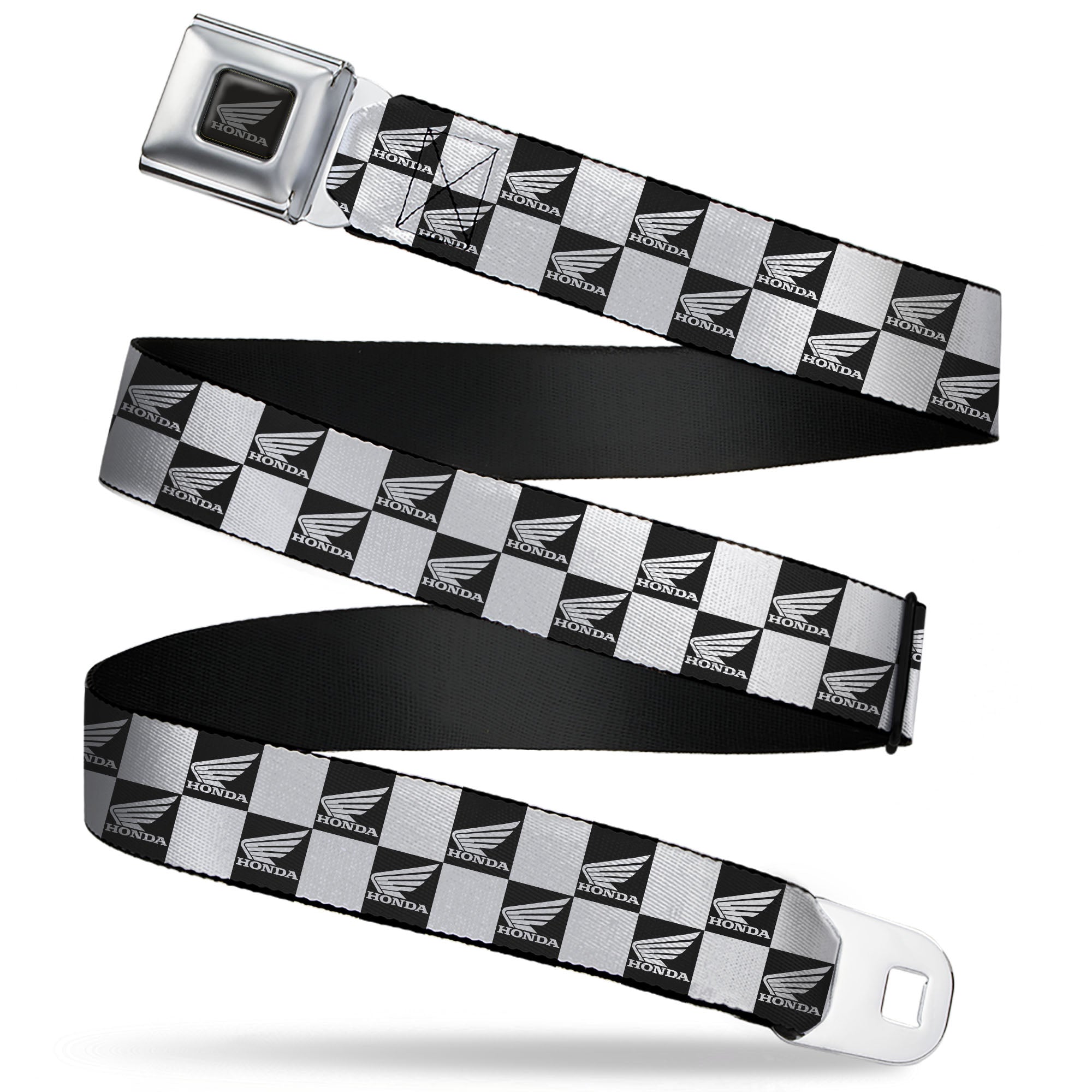 Honda Motorcycle Black/Silver Seatbelt Belt - HONDA Motorcycle Wing Logo Checker Black/White Webbing Seatbelt Belts Honda Motorsports