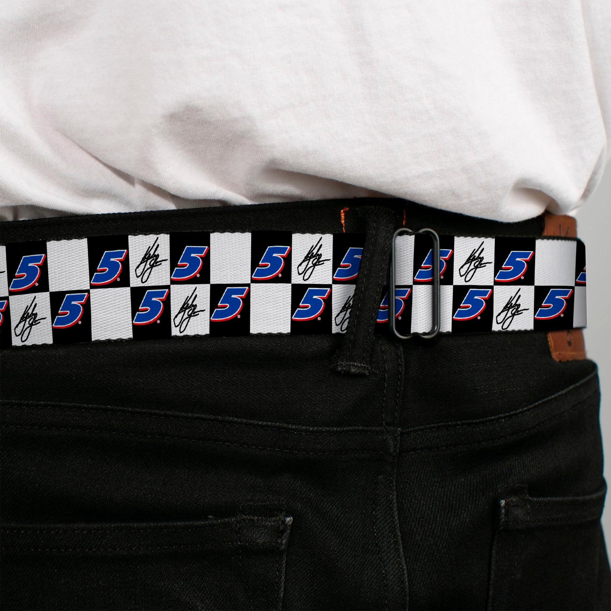 HENDRICK MOTORSPORTS Checker Logo Full Color Red/White Seatbelt Belt - Kyle Larson Autograph and #5 Checker Logo Black/White/Blue/Red Webbing Seatbelt Belts Hendrick Motorsports