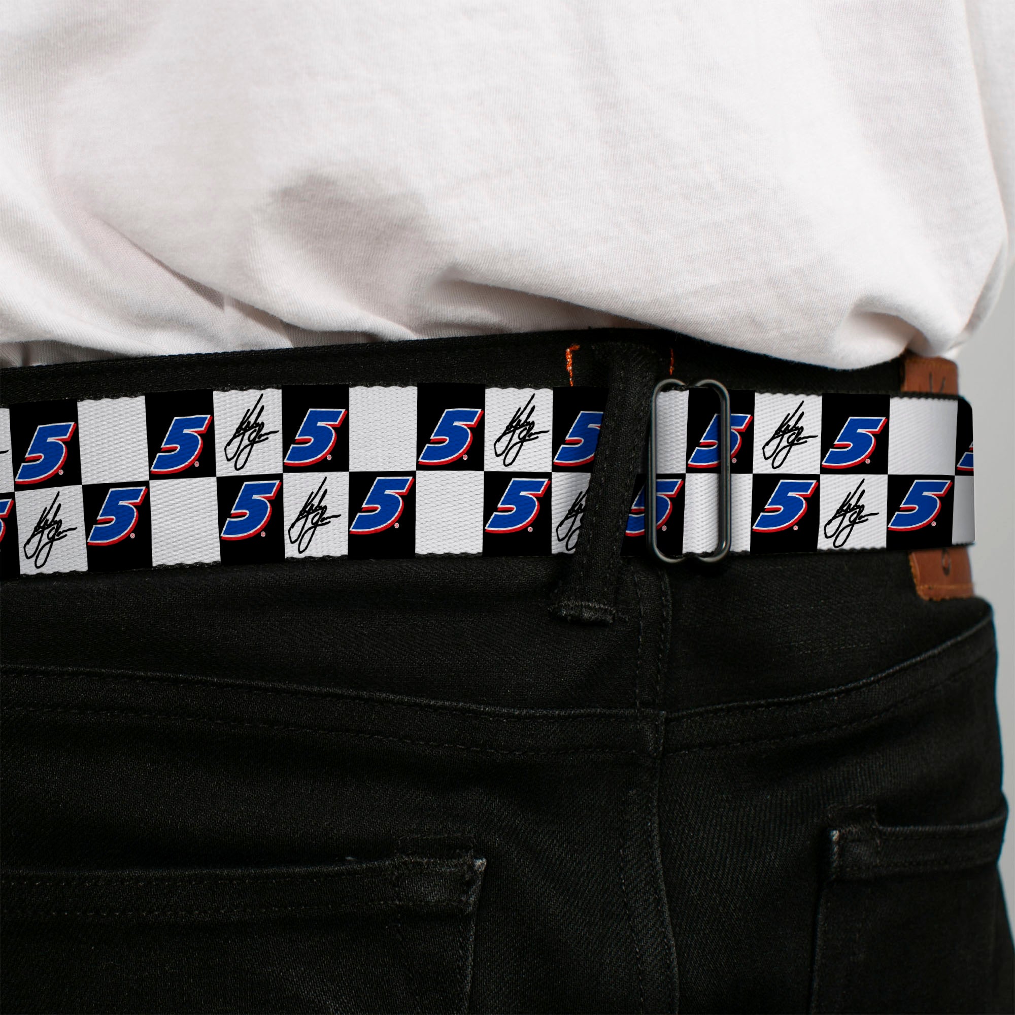 HENDRICK MOTORSPORTS Checker Logo Full Color Red/White Seatbelt Belt - Kyle Larson Autograph and #5 Checker Logo Black/White/Blue/Red Webbing Seatbelt Belts Hendrick Motorsports