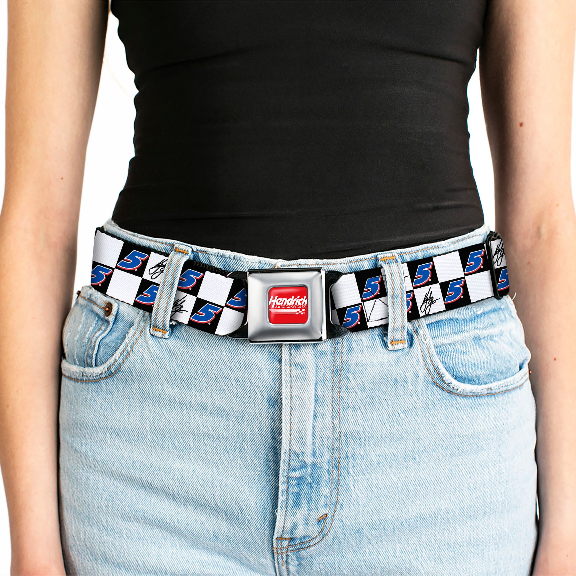 HENDRICK MOTORSPORTS Checker Logo Full Color Red/White Seatbelt Belt - Kyle Larson Autograph and #5 Checker Logo Black/White/Blue/Red Webbing Seatbelt Belts Hendrick Motorsports