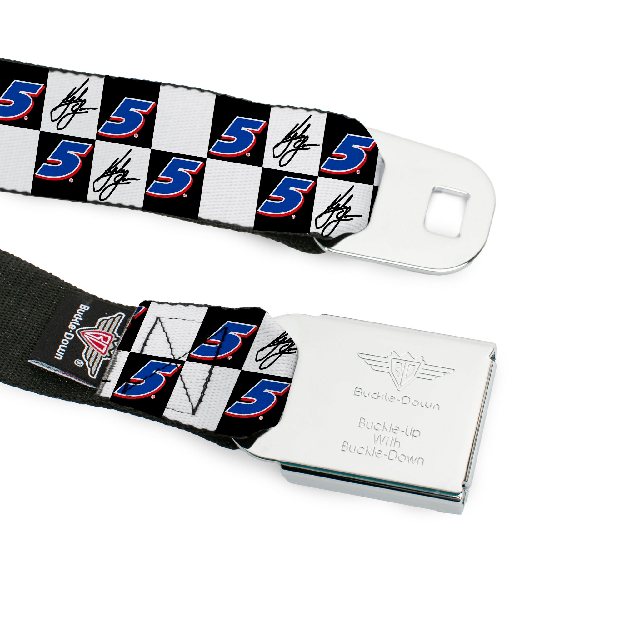 HENDRICK MOTORSPORTS Checker Logo Full Color Red/White Seatbelt Belt - Kyle Larson Autograph and #5 Checker Logo Black/White/Blue/Red Webbing Seatbelt Belts Hendrick Motorsports