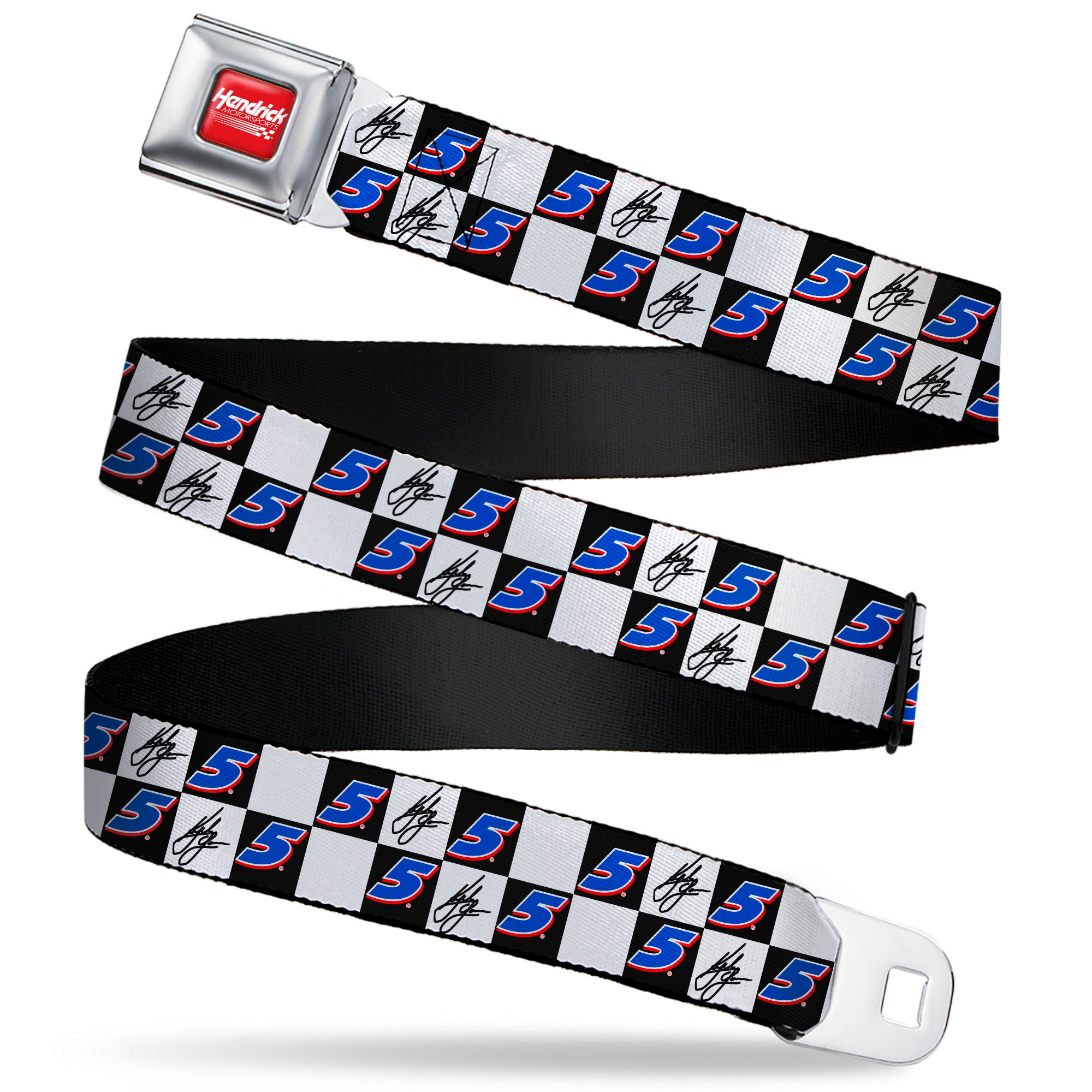 HENDRICK MOTORSPORTS Checker Logo Full Color Red/White Seatbelt Belt - Kyle Larson Autograph and #5 Checker Logo Black/White/Blue/Red Webbing Seatbelt Belts Hendrick Motorsports