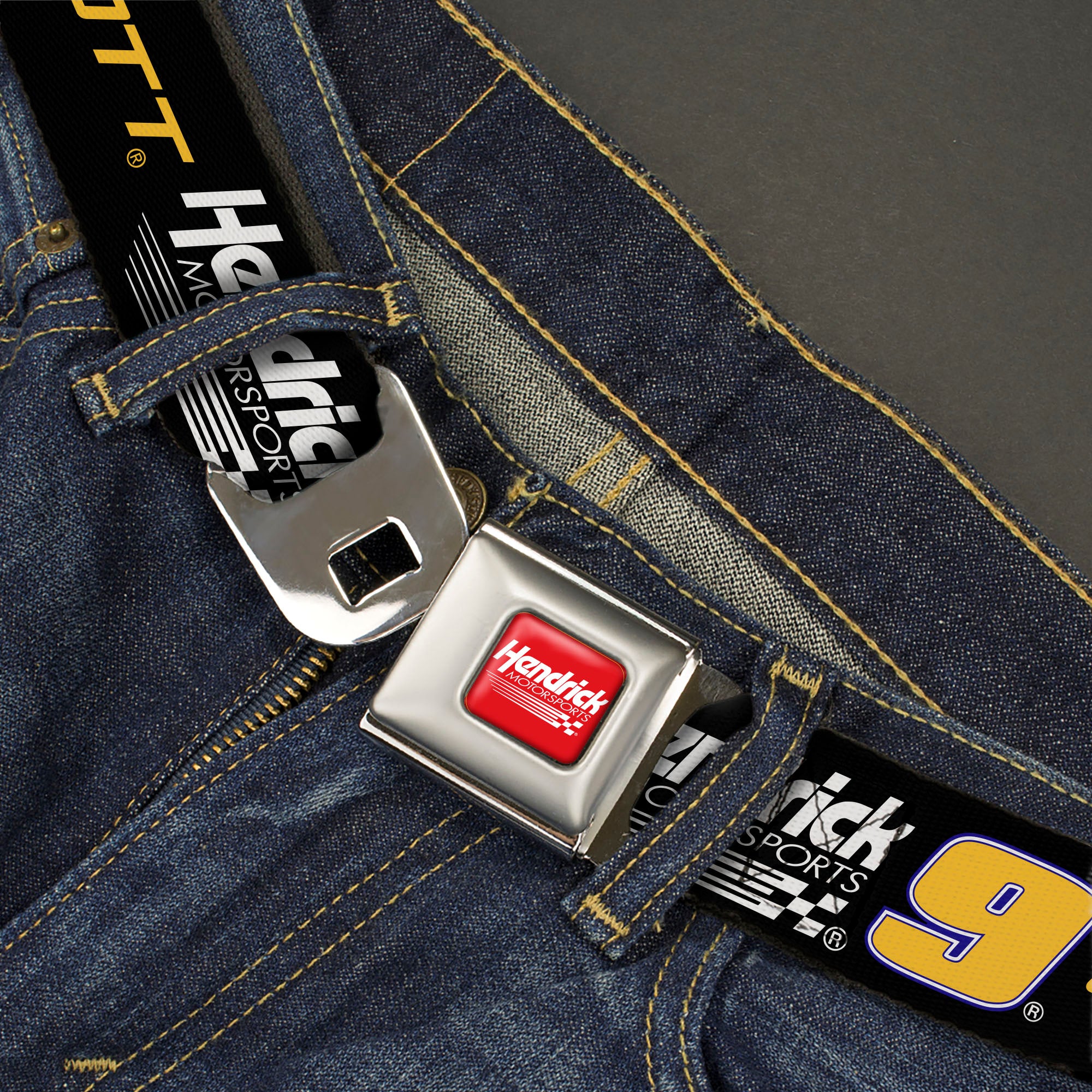 HENDRICK MOTORSPORTS Checker Logo Full Color Red/White Seatbelt Belt - CHASE ELLIOTT #9 Hendrick Motorsports Racing Logo Black/White/Blue/Yellow Webbing Seatbelt Belts Hendrick Motorsports
