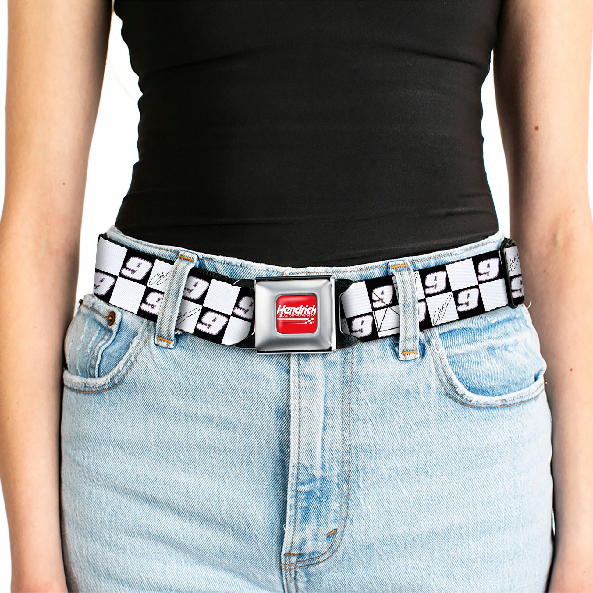 HENDRICK MOTORSPORTS Checker Logo Full Color Red/White Seatbelt Belt - Chase Elliott Autograph and #9 Checker Logo Black/White/Blue Webbing Seatbelt Belts Hendrick Motorsports