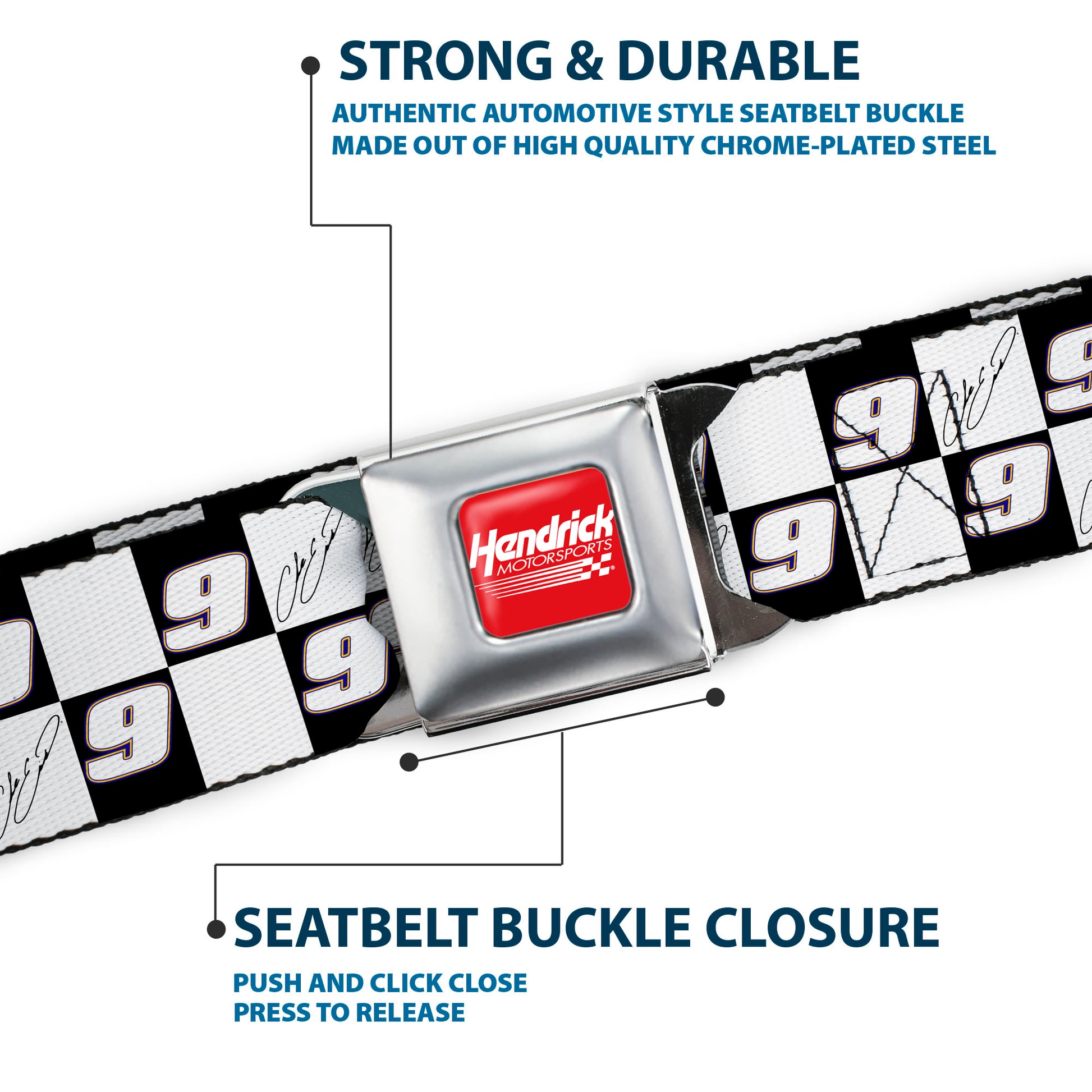 HENDRICK MOTORSPORTS Checker Logo Full Color Red/White Seatbelt Belt - Chase Elliott Autograph and #9 Checker Logo Black/White/Blue Webbing Seatbelt Belts Hendrick Motorsports