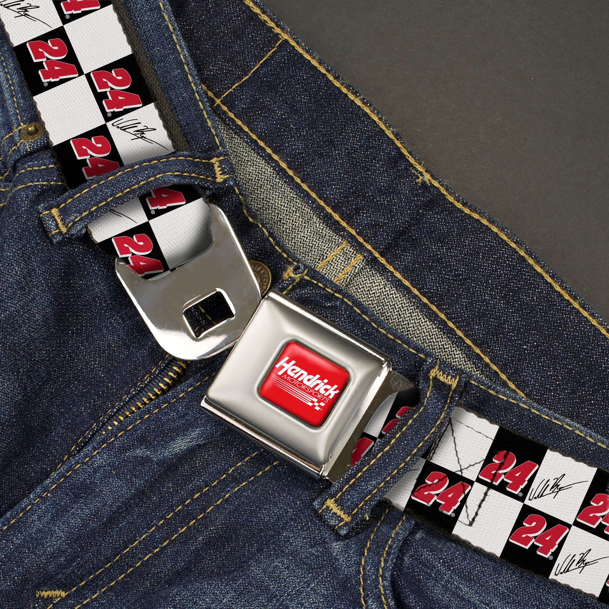 HENDRICK MOTORSPORTS Checker Logo Full Color Red/White Seatbelt Belt - William Byron Autograph and #24 Checker Logo Black/White/Red Webbing Seatbelt Belts Hendrick Motorsports