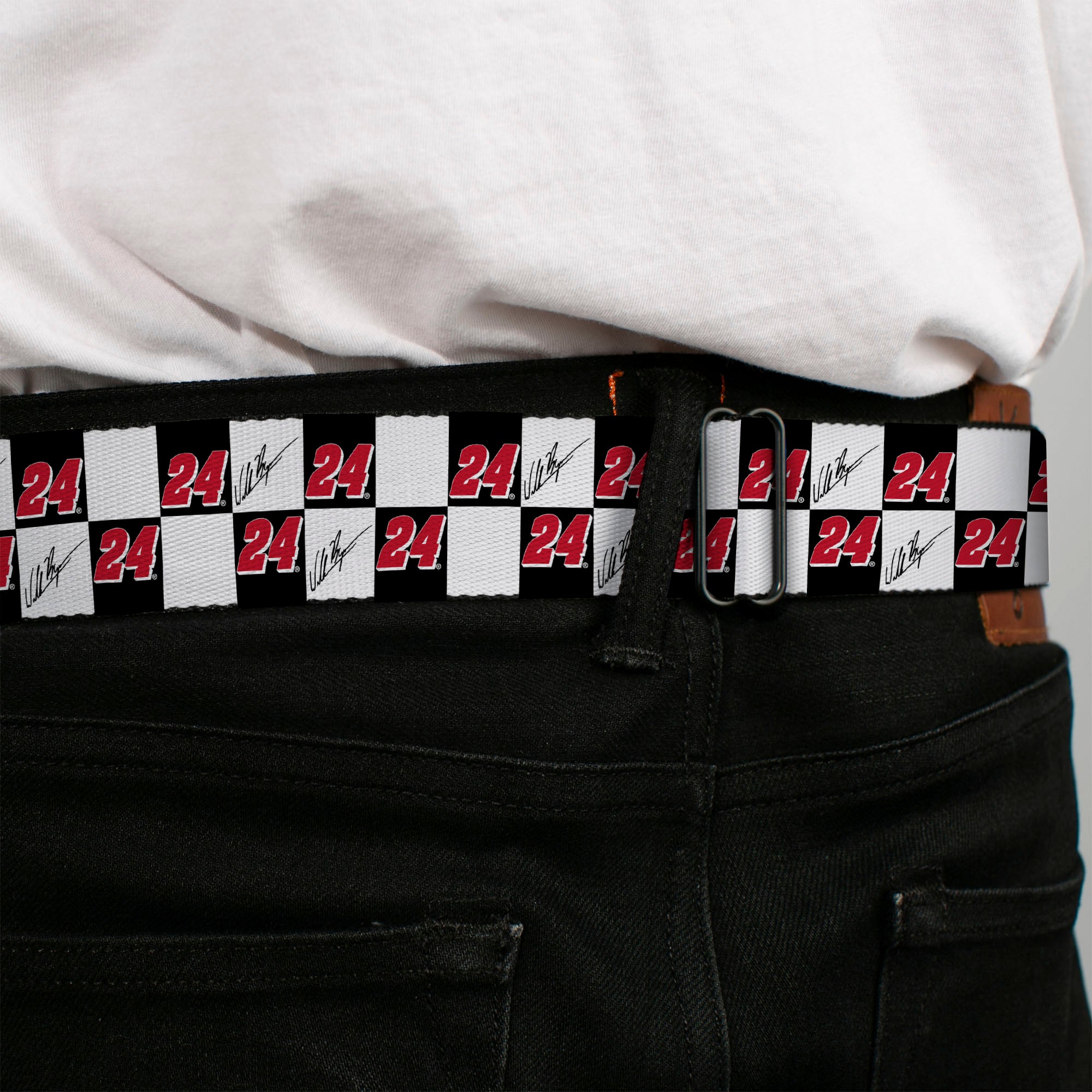 HENDRICK MOTORSPORTS Checker Logo Full Color Red/White Seatbelt Belt - William Byron Autograph and #24 Checker Logo Black/White/Red Webbing Seatbelt Belts Hendrick Motorsports