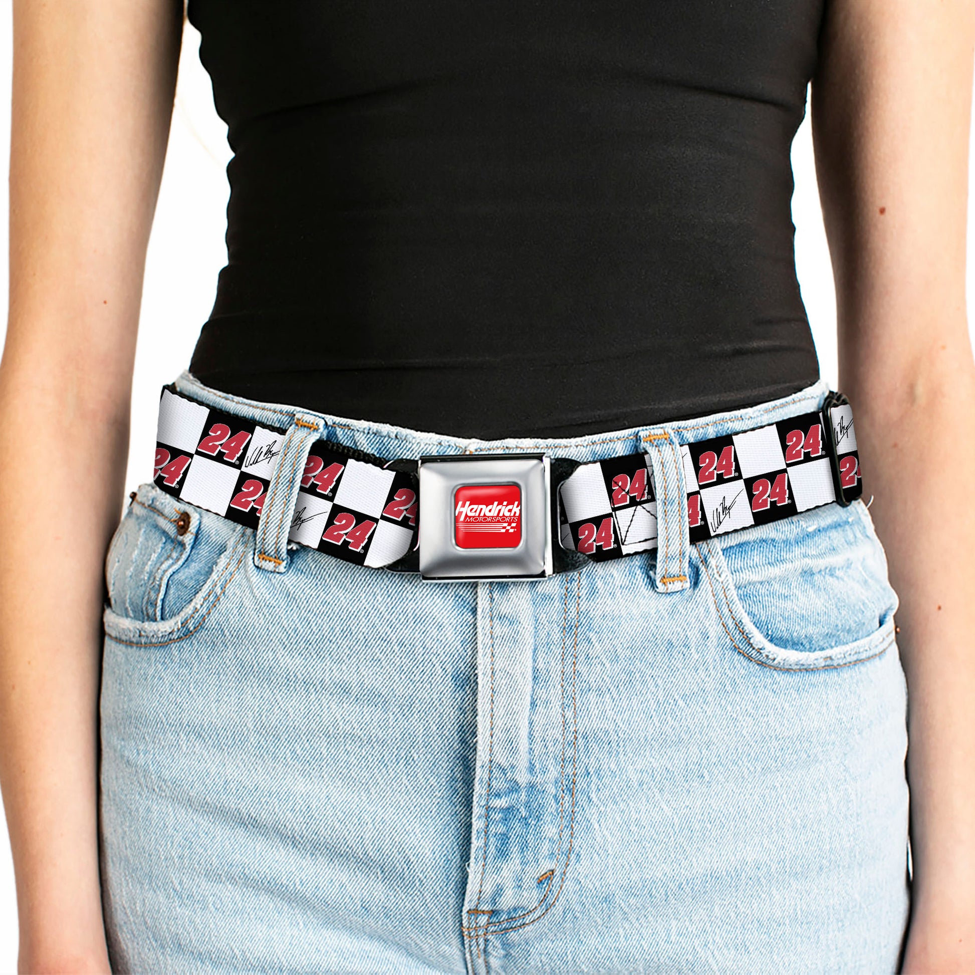 HENDRICK MOTORSPORTS Checker Logo Full Color Red/White Seatbelt Belt - William Byron Autograph and #24 Checker Logo Black/White/Red Webbing Seatbelt Belts Hendrick Motorsports