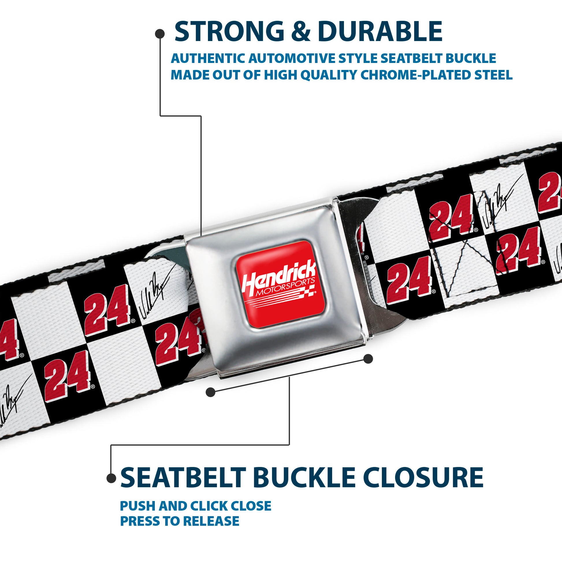 HENDRICK MOTORSPORTS Checker Logo Full Color Red/White Seatbelt Belt - William Byron Autograph and #24 Checker Logo Black/White/Red Webbing Seatbelt Belts Hendrick Motorsports