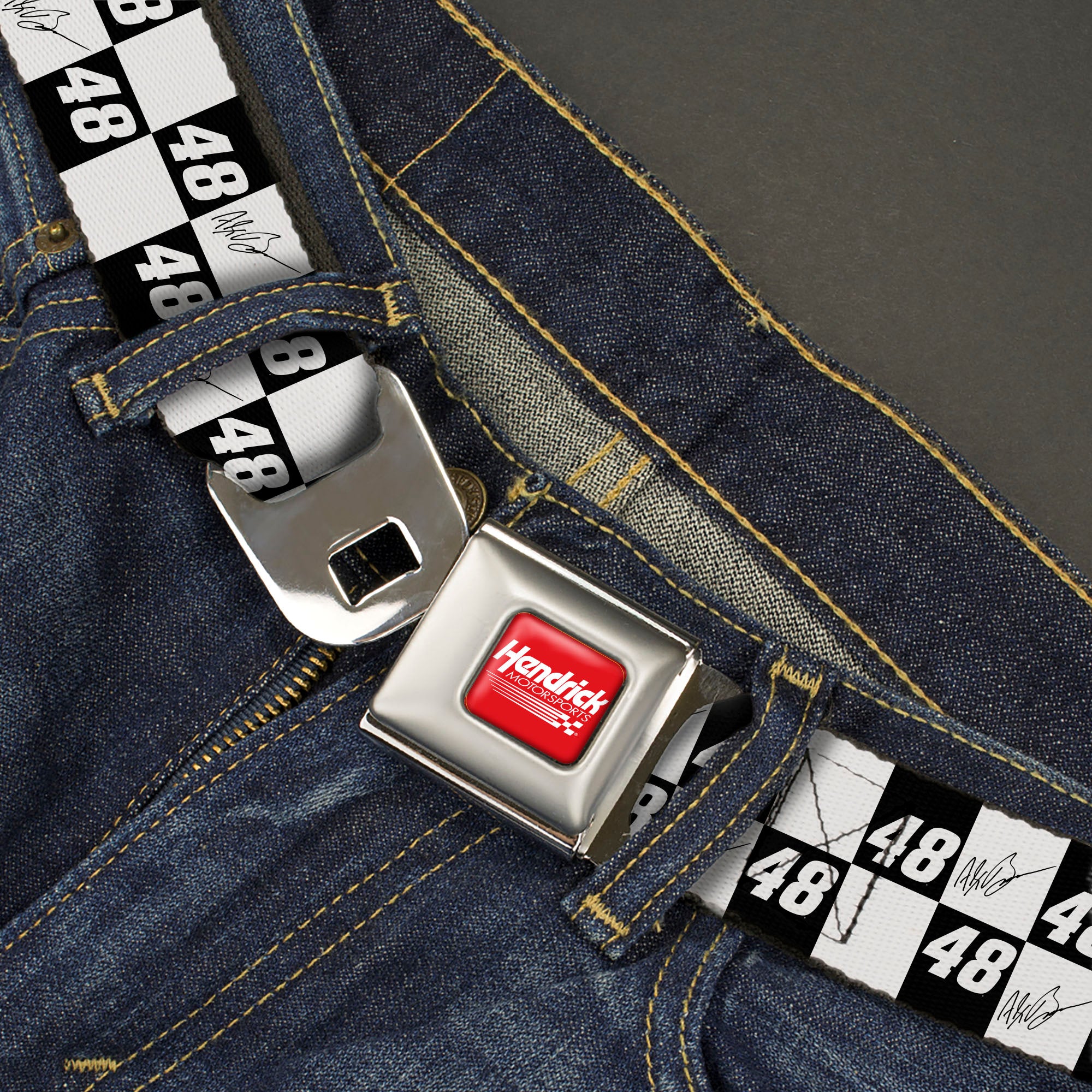 HENDRICK MOTORSPORTS Checker Logo Full Color Red/White Seatbelt Belt - Alex Bowman Autograph and #48 Checker Logo Black/White Webbing Seatbelt Belts Hendrick Motorsports