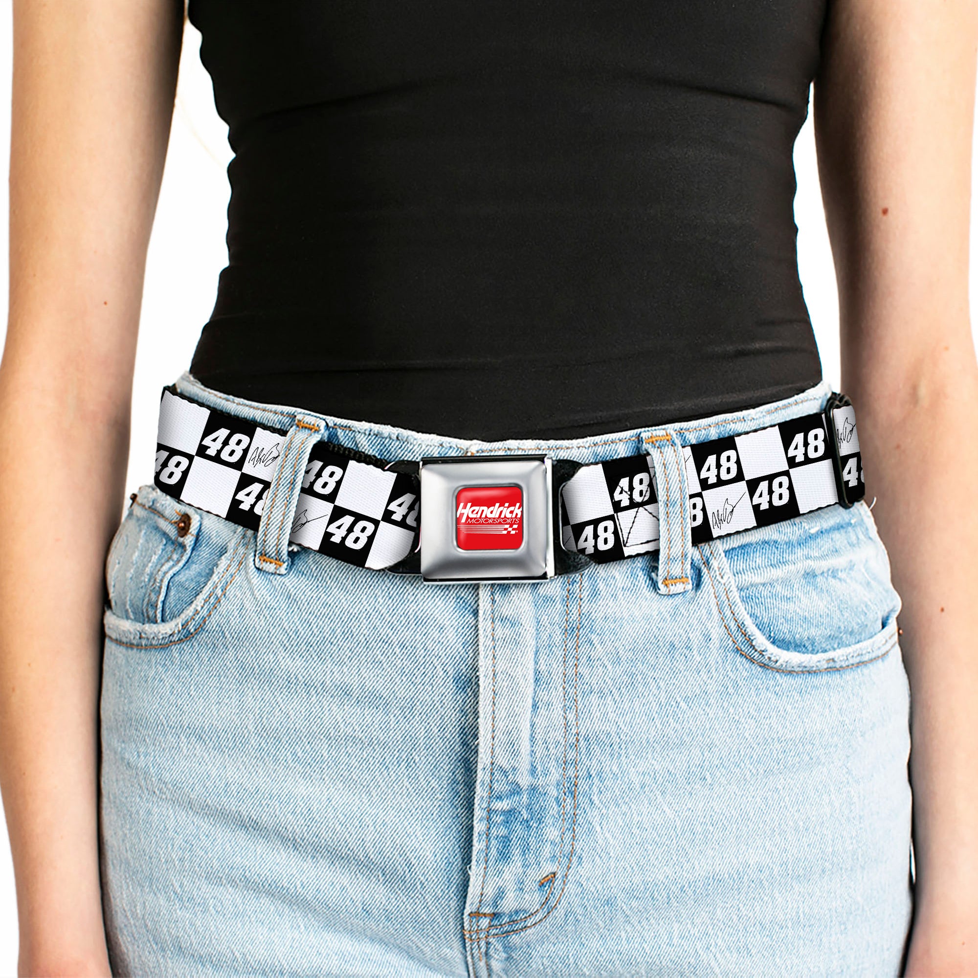 HENDRICK MOTORSPORTS Checker Logo Full Color Red/White Seatbelt Belt - Alex Bowman Autograph and #48 Checker Logo Black/White Webbing Seatbelt Belts Hendrick Motorsports