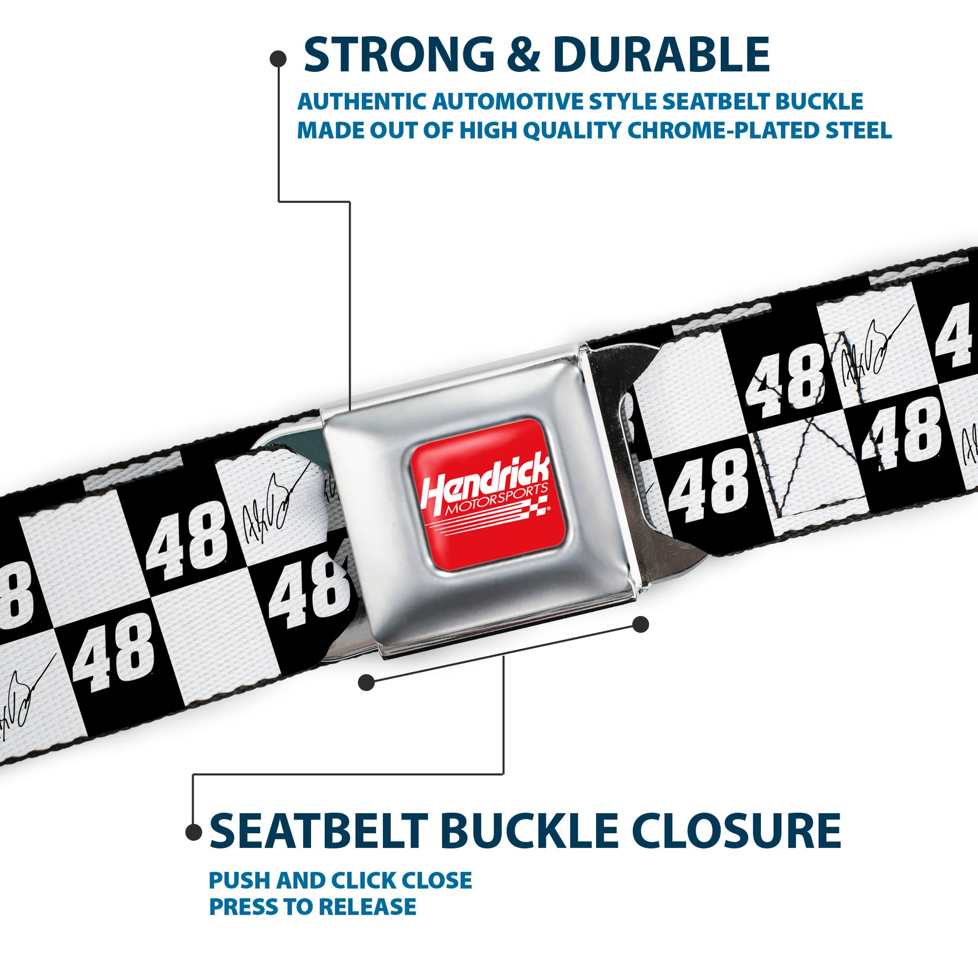 HENDRICK MOTORSPORTS Checker Logo Full Color Red/White Seatbelt Belt - Alex Bowman Autograph and #48 Checker Logo Black/White Webbing Seatbelt Belts Hendrick Motorsports