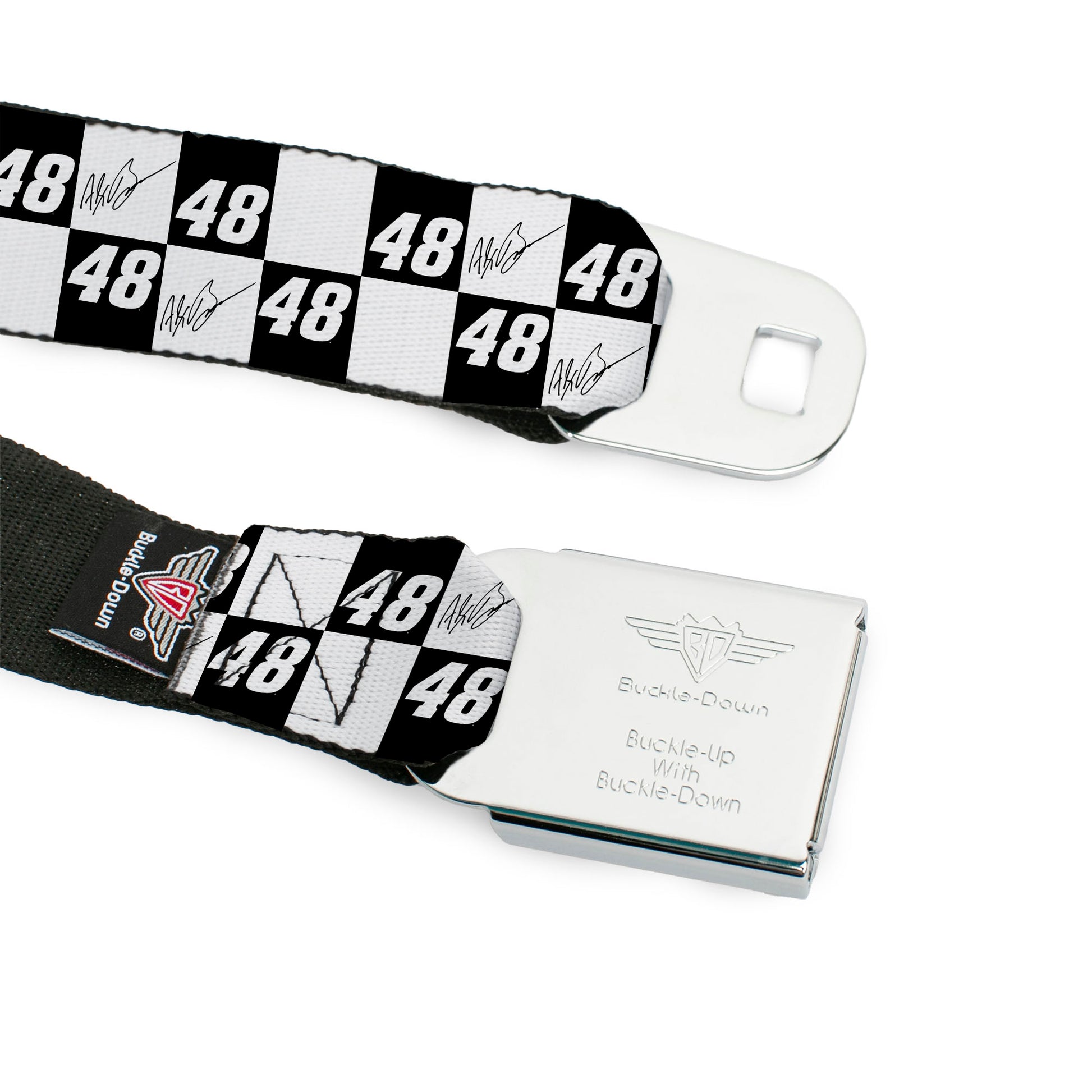 HENDRICK MOTORSPORTS Checker Logo Full Color Red/White Seatbelt Belt - Alex Bowman Autograph and #48 Checker Logo Black/White Webbing Seatbelt Belts Hendrick Motorsports
