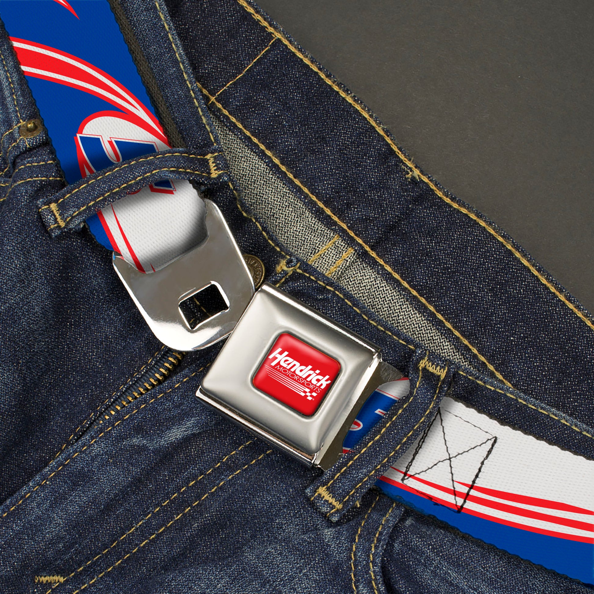 HENDRICK MOTORSPORTS Checker Logo Full Color Red/White Seatbelt Belt - Kyle Larson #5 Car Scheme White/Blue/Red Webbing Seatbelt Belts Hendrick Motorsports