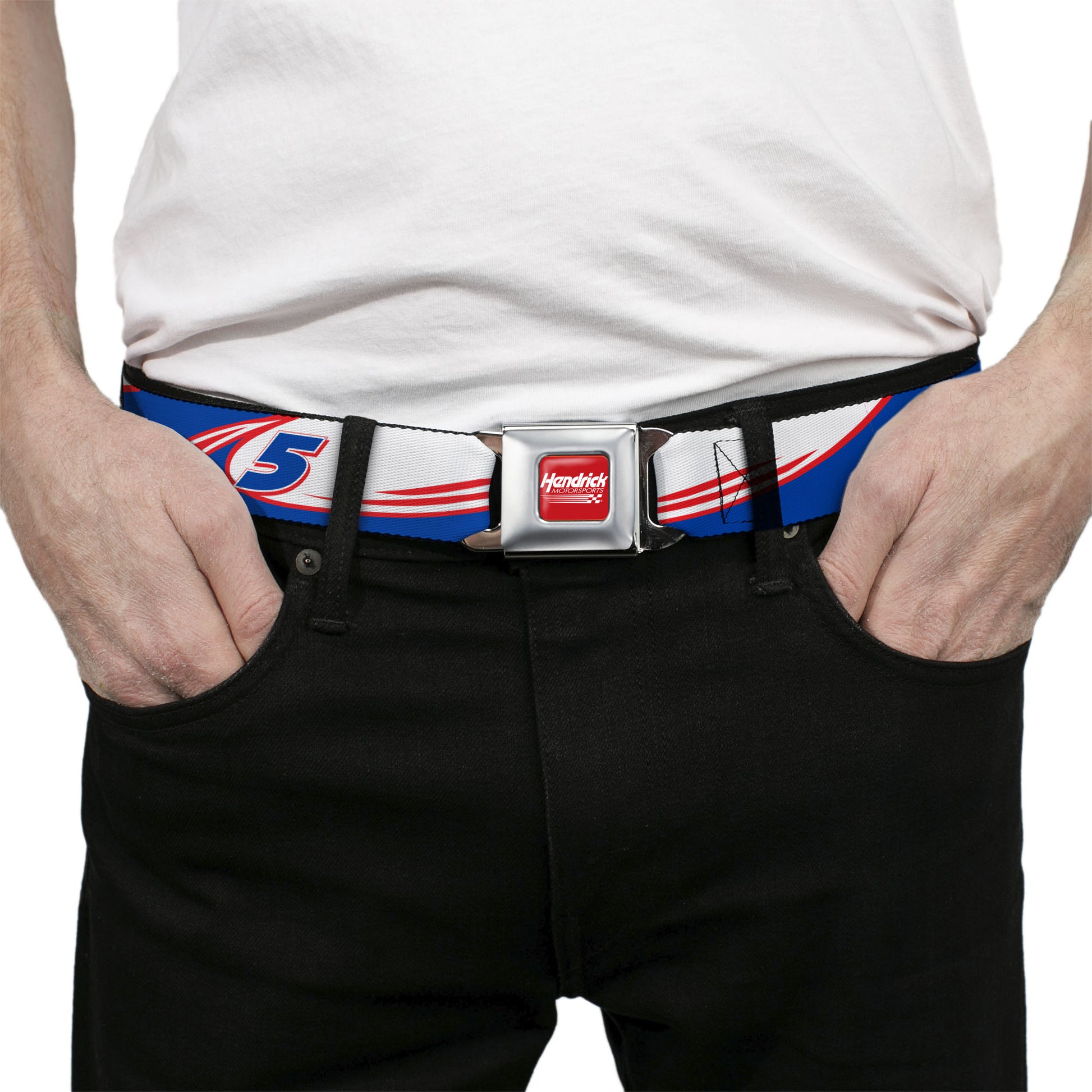 HENDRICK MOTORSPORTS Checker Logo Full Color Red/White Seatbelt Belt - Kyle Larson #5 Car Scheme White/Blue/Red Webbing Seatbelt Belts Hendrick Motorsports