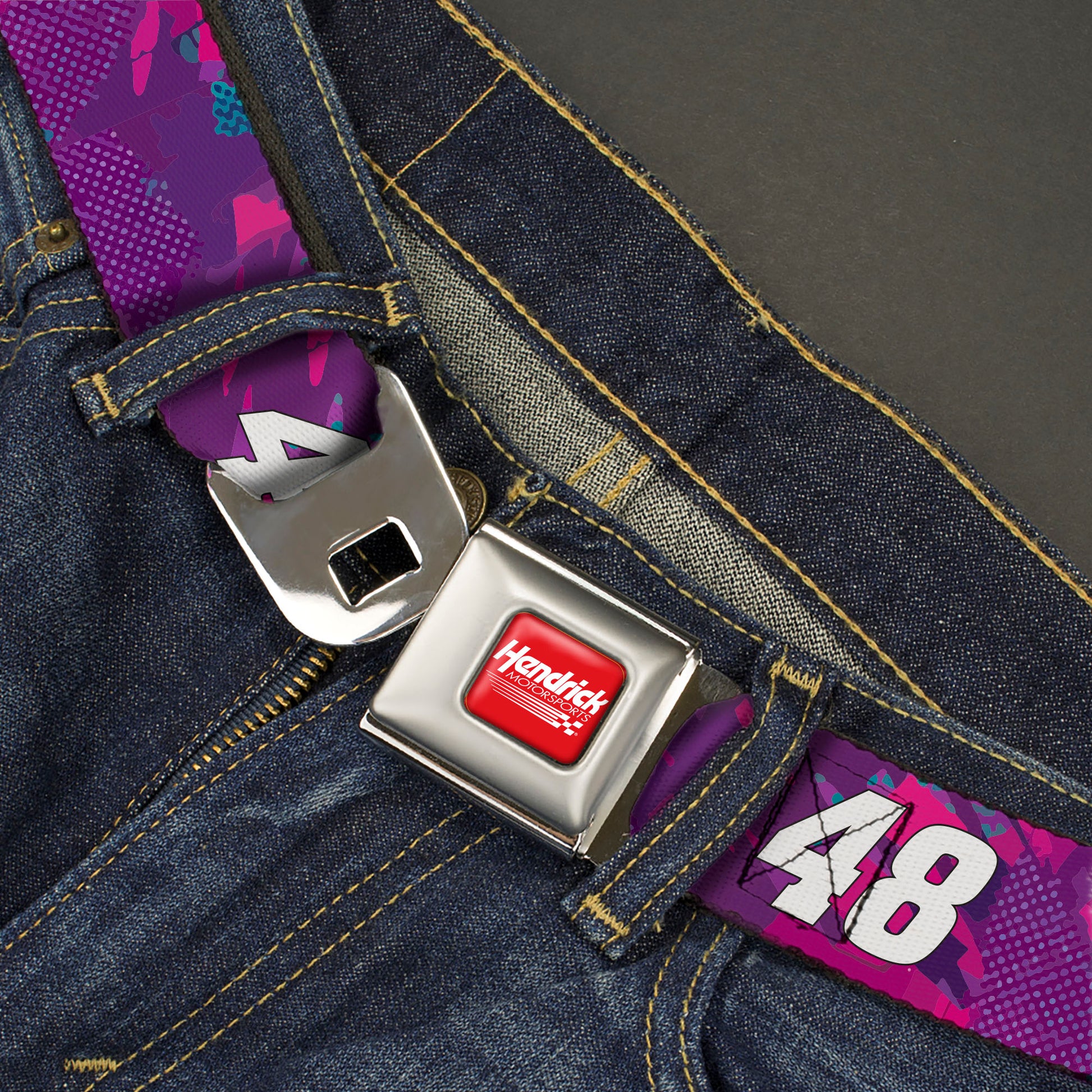 HENDRICK MOTORSPORTS Checker Logo Full Color Red/White Seatbelt Belt - Alex Bowman #48 Car Scheme Purples/Pinks/White Webbing Seatbelt Belts Hendrick Motorsports