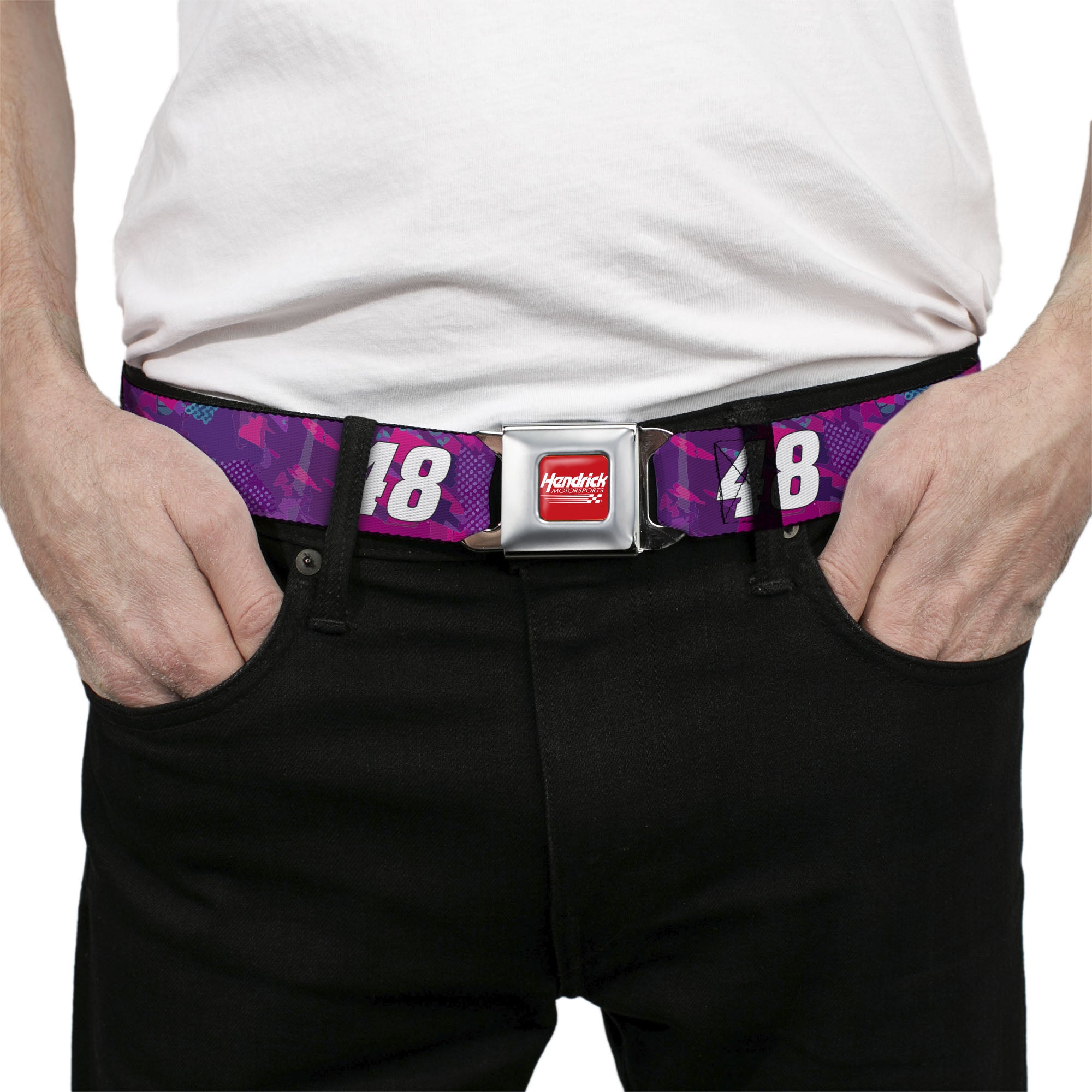 HENDRICK MOTORSPORTS Checker Logo Full Color Red/White Seatbelt Belt - Alex Bowman #48 Car Scheme Purples/Pinks/White Webbing Seatbelt Belts Hendrick Motorsports