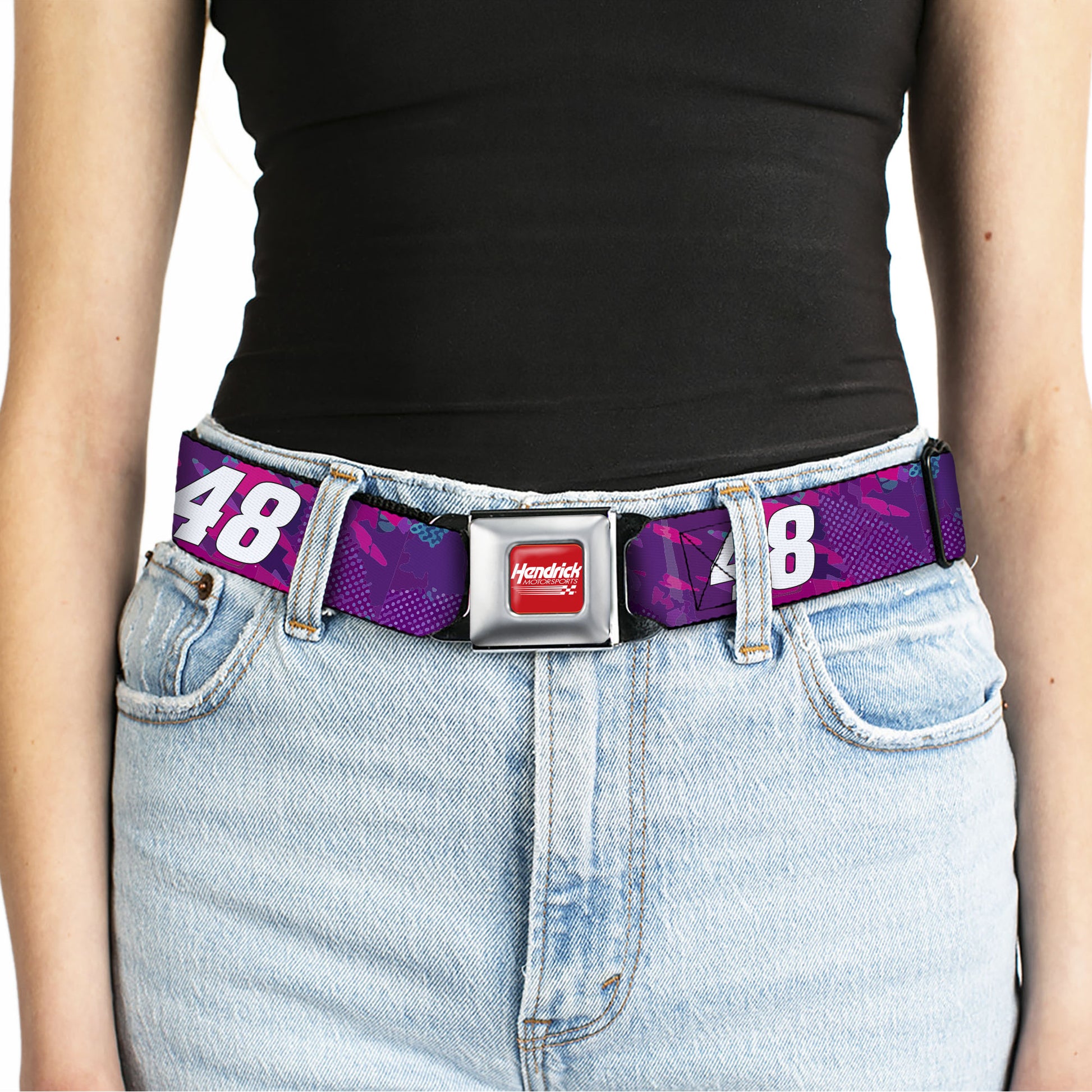 HENDRICK MOTORSPORTS Checker Logo Full Color Red/White Seatbelt Belt - Alex Bowman #48 Car Scheme Purples/Pinks/White Webbing Seatbelt Belts Hendrick Motorsports