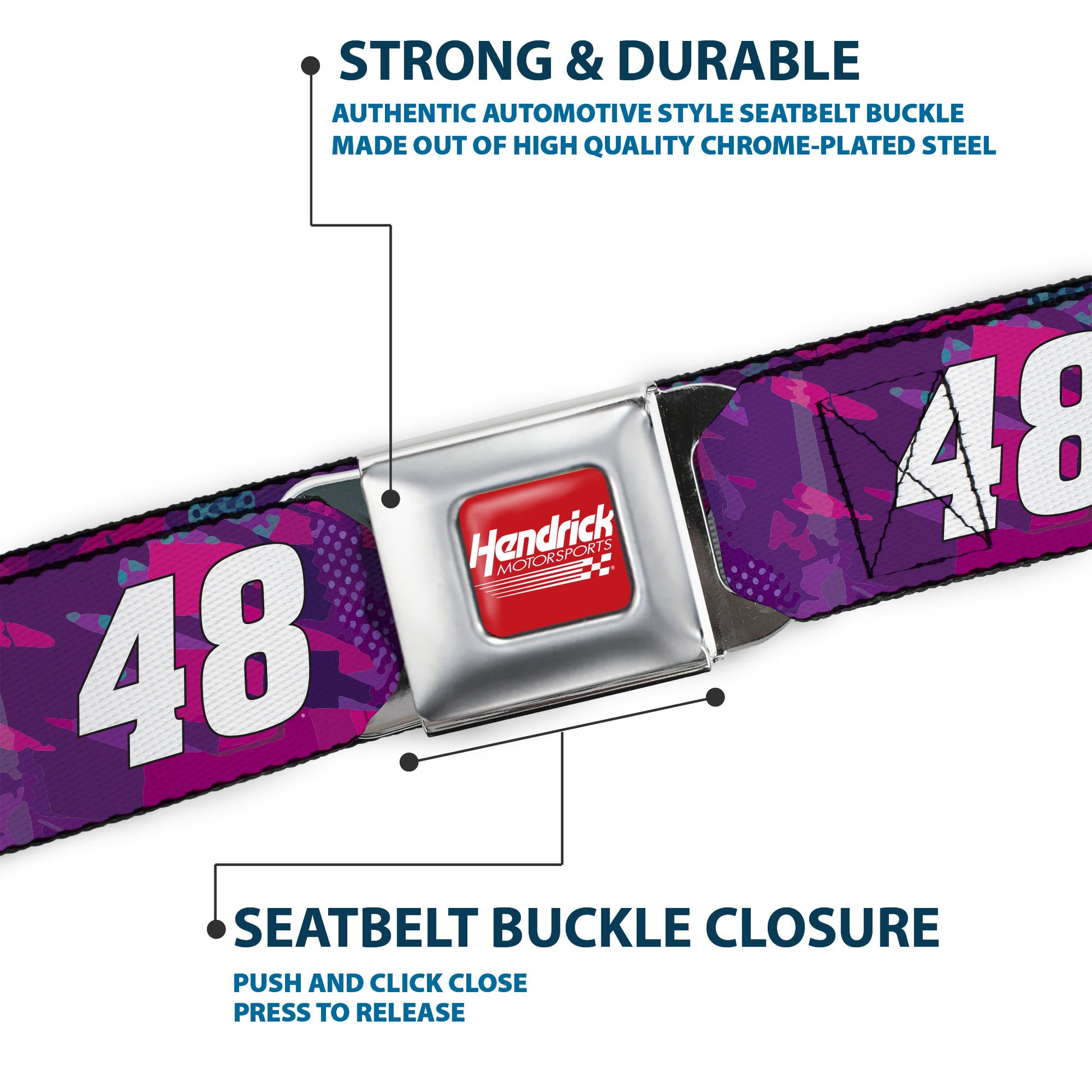 HENDRICK MOTORSPORTS Checker Logo Full Color Red/White Seatbelt Belt - Alex Bowman #48 Car Scheme Purples/Pinks/White Webbing Seatbelt Belts Hendrick Motorsports