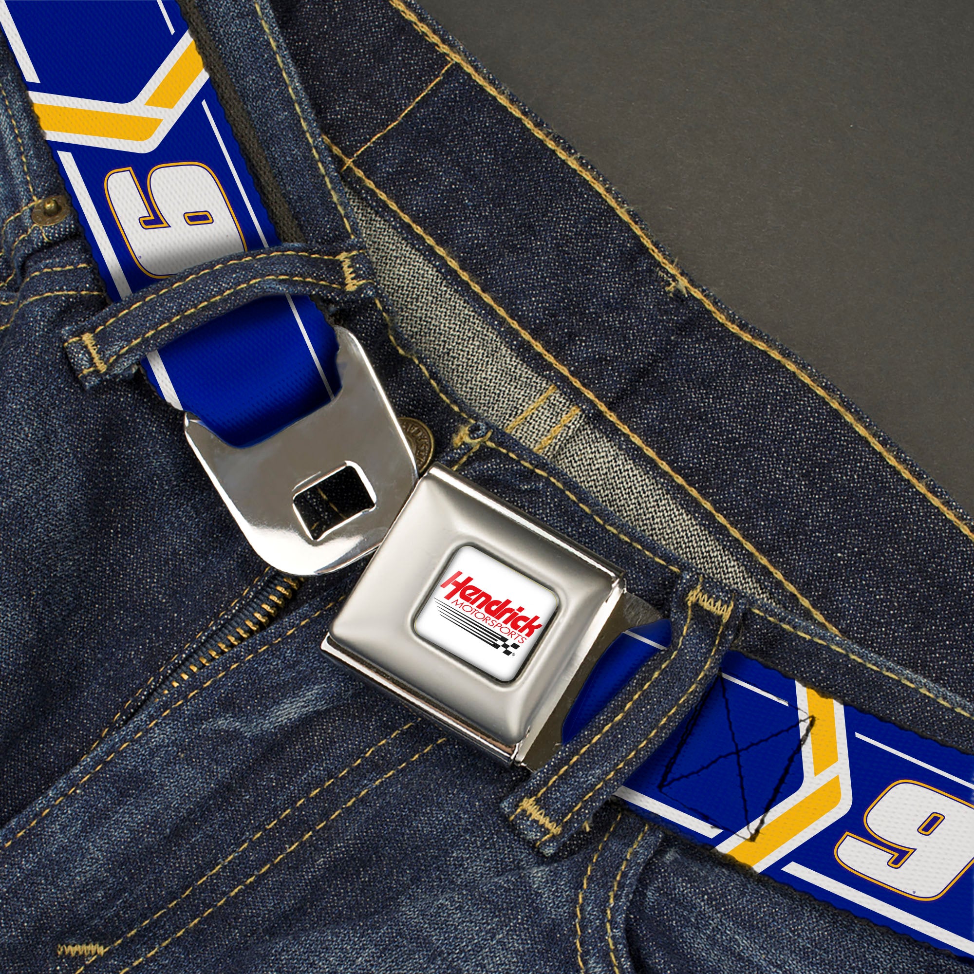 HENDRICK MOTORSPORTS Checker Logo Full Color Red/White Seatbelt Belt - Chase Elliott #9 Car Scheme Blue/Yellow/White Webbing Seatbelt Belts Hendrick Motorsports