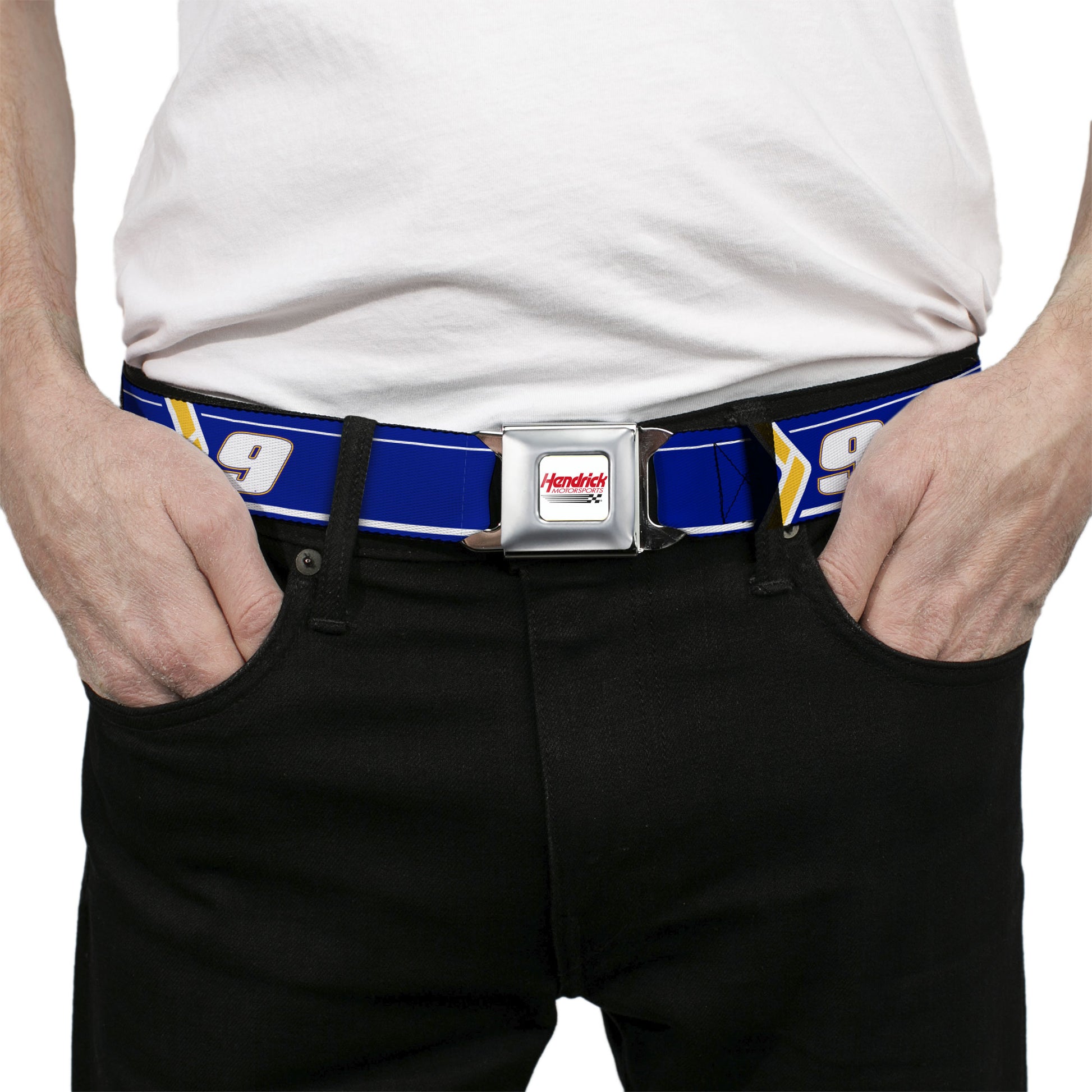 HENDRICK MOTORSPORTS Checker Logo Full Color Red/White Seatbelt Belt - Chase Elliott #9 Car Scheme Blue/Yellow/White Webbing Seatbelt Belts Hendrick Motorsports