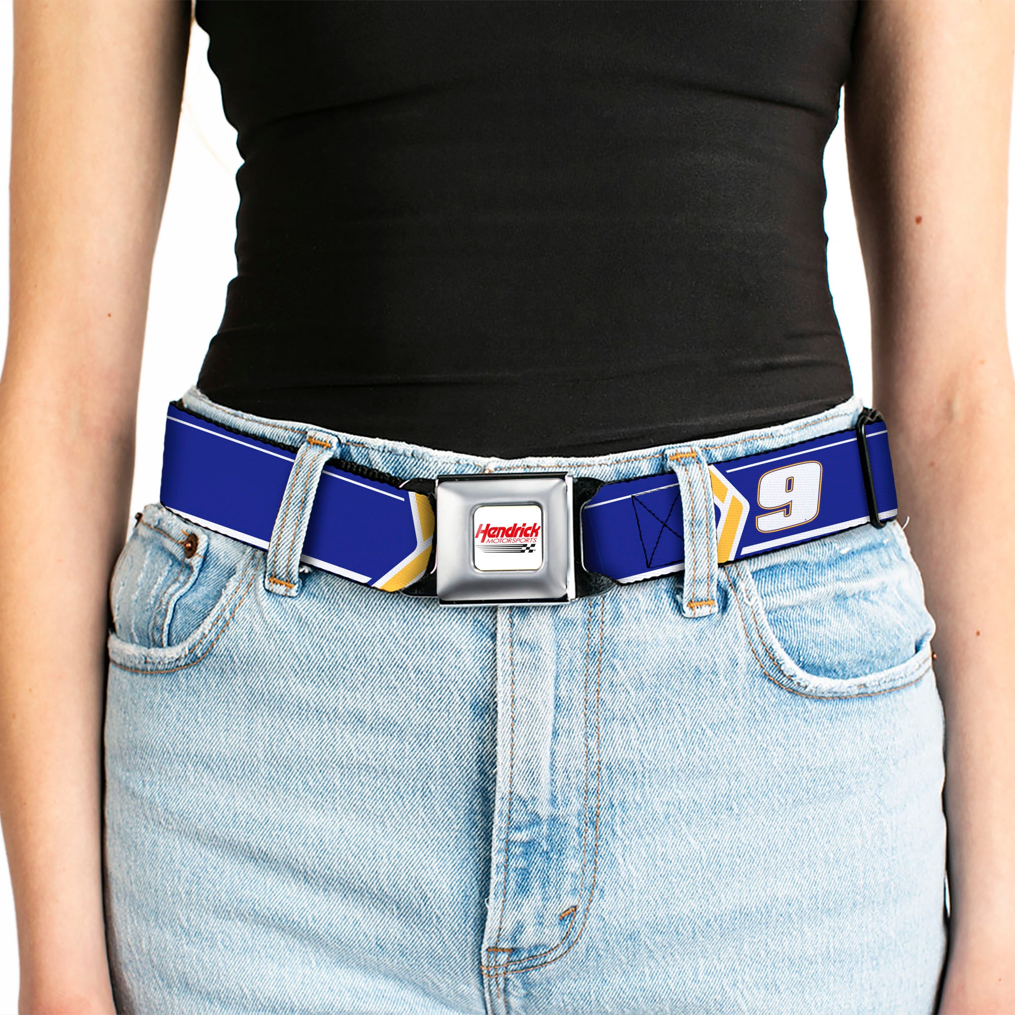 HENDRICK MOTORSPORTS Checker Logo Full Color Red/White Seatbelt Belt - Chase Elliott #9 Car Scheme Blue/Yellow/White Webbing Seatbelt Belts Hendrick Motorsports