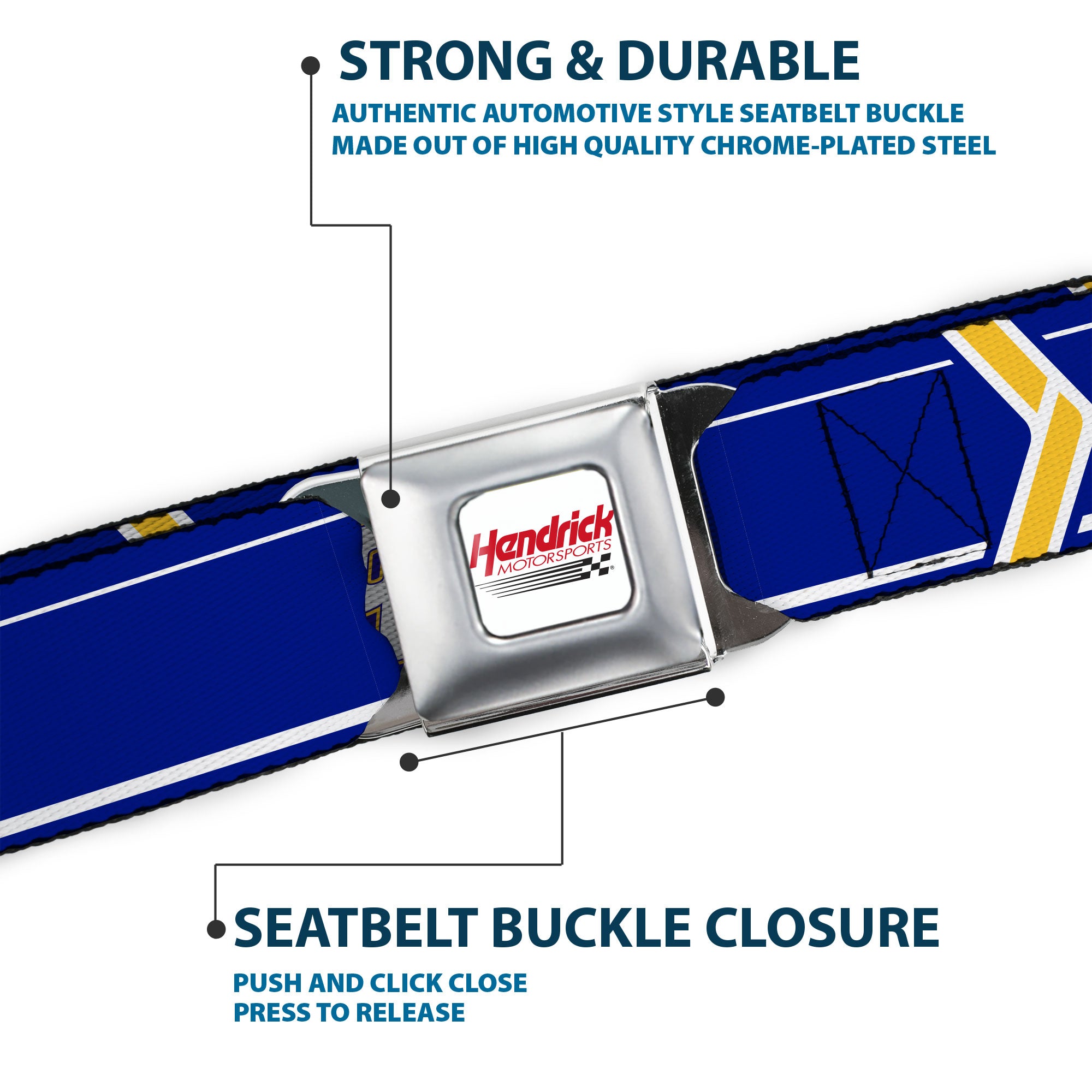 HENDRICK MOTORSPORTS Checker Logo Full Color Red/White Seatbelt Belt - Chase Elliott #9 Car Scheme Blue/Yellow/White Webbing Seatbelt Belts Hendrick Motorsports