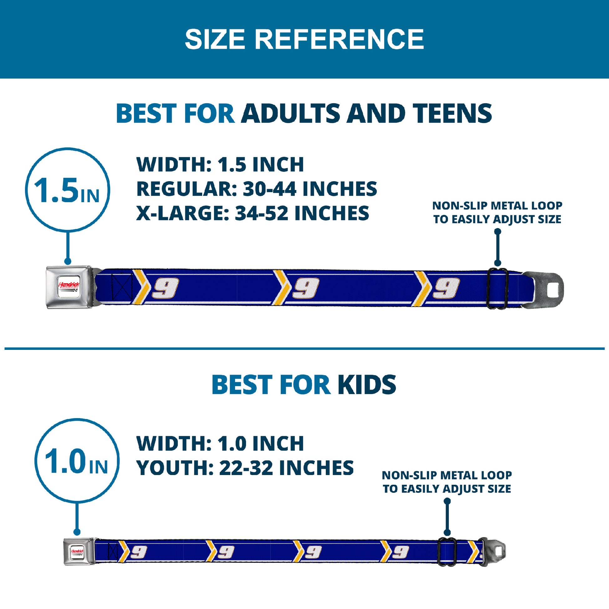 HENDRICK MOTORSPORTS Checker Logo Full Color Red/White Seatbelt Belt - Chase Elliott #9 Car Scheme Blue/Yellow/White Webbing Seatbelt Belts Hendrick Motorsports