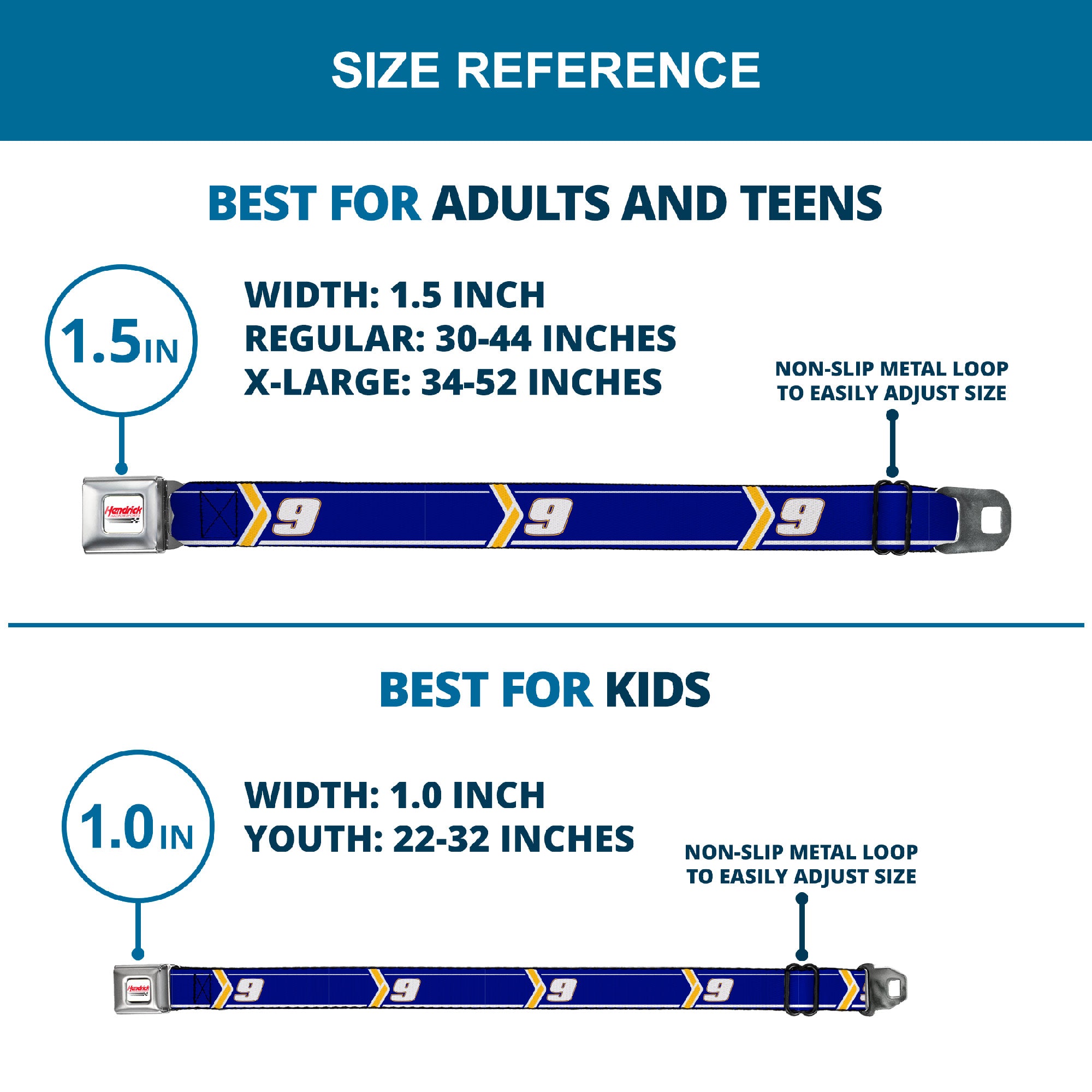 HENDRICK MOTORSPORTS Checker Logo Full Color Red/White Seatbelt Belt - Chase Elliott #9 Car Scheme Blue/Yellow/White Webbing Seatbelt Belts Hendrick Motorsports