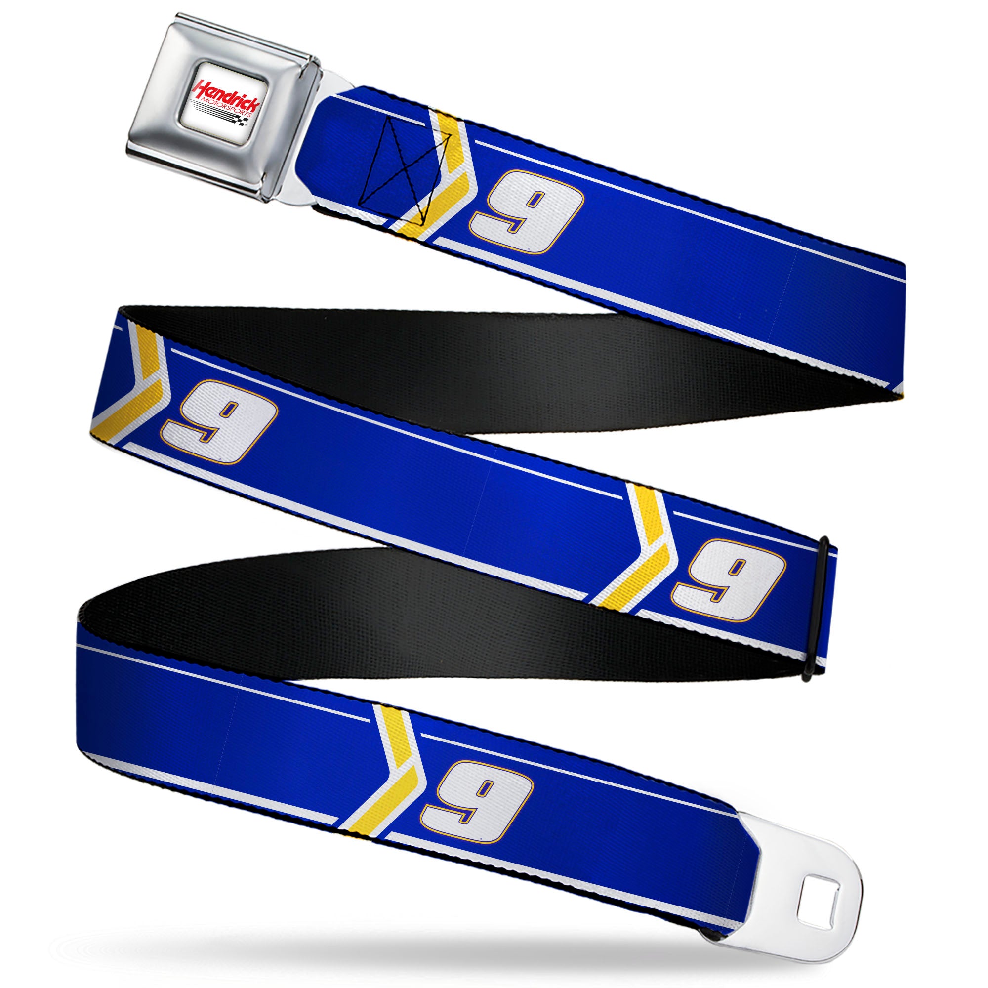 HENDRICK MOTORSPORTS Checker Logo Full Color Red/White Seatbelt Belt - Chase Elliott #9 Car Scheme Blue/Yellow/White Webbing Seatbelt Belts Hendrick Motorsports