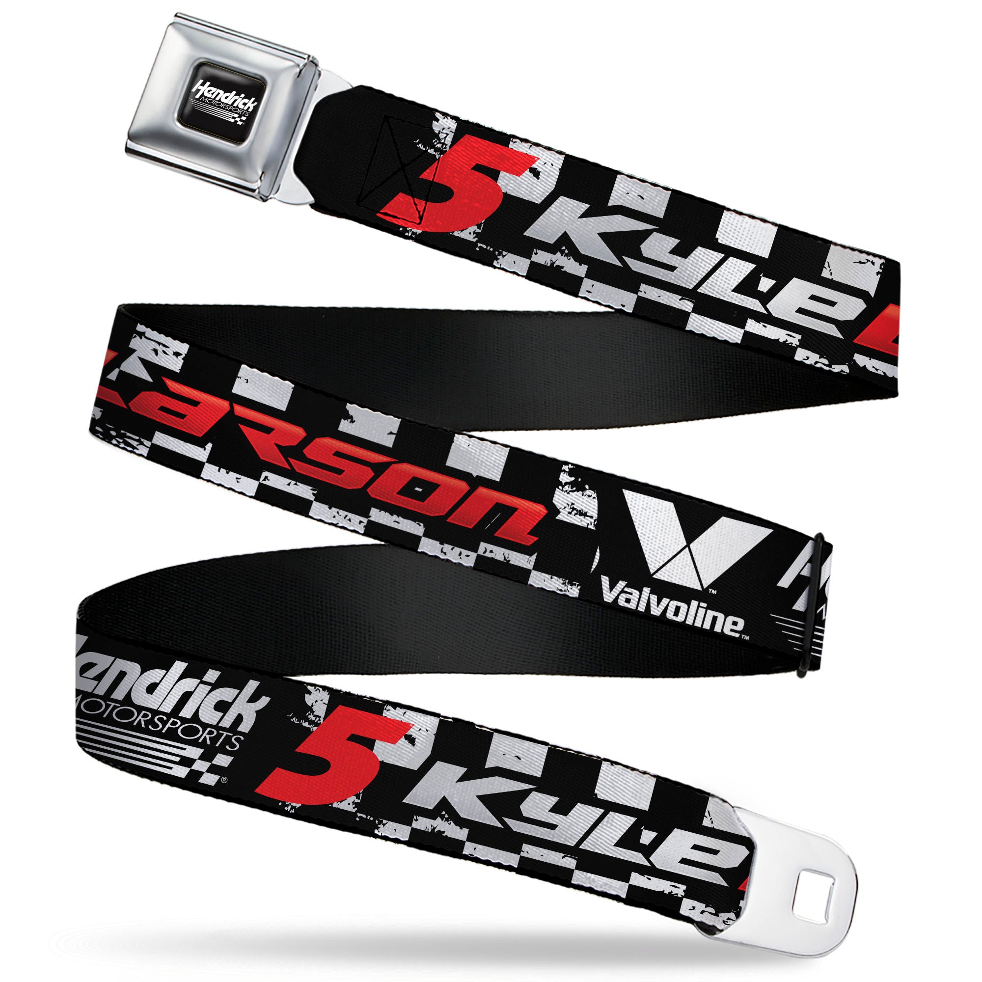 HENDRICK MOTORSPORTS Checker Logo Full Color Black/White Seatbelt Belt - KYLE LARSON #5 VALVOLINE Hendrick Motorsports Logo Black/White/Red Webbing Seatbelt Belts Hendrick Motorsports