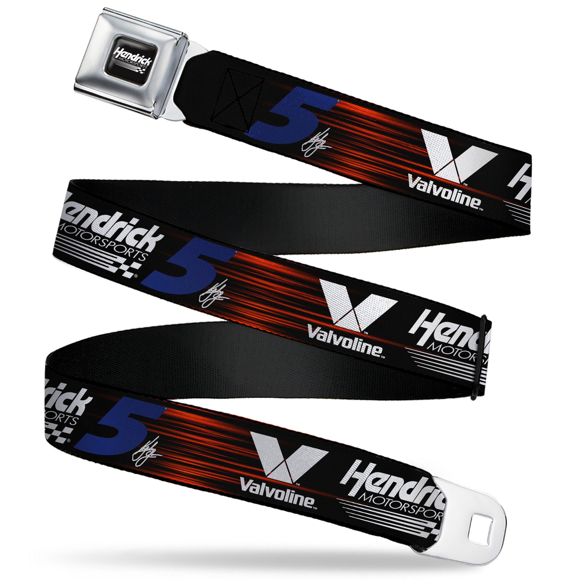 HENDRICK MOTORSPORTS Checker Logo Full Color Black/White Seatbelt Belt - Kyle Larson #5 Autograph VALVOLINE Hendrick Motorsports Logo Black/Red/White/Blue Webbing Seatbelt Belts Hendrick Motorsports