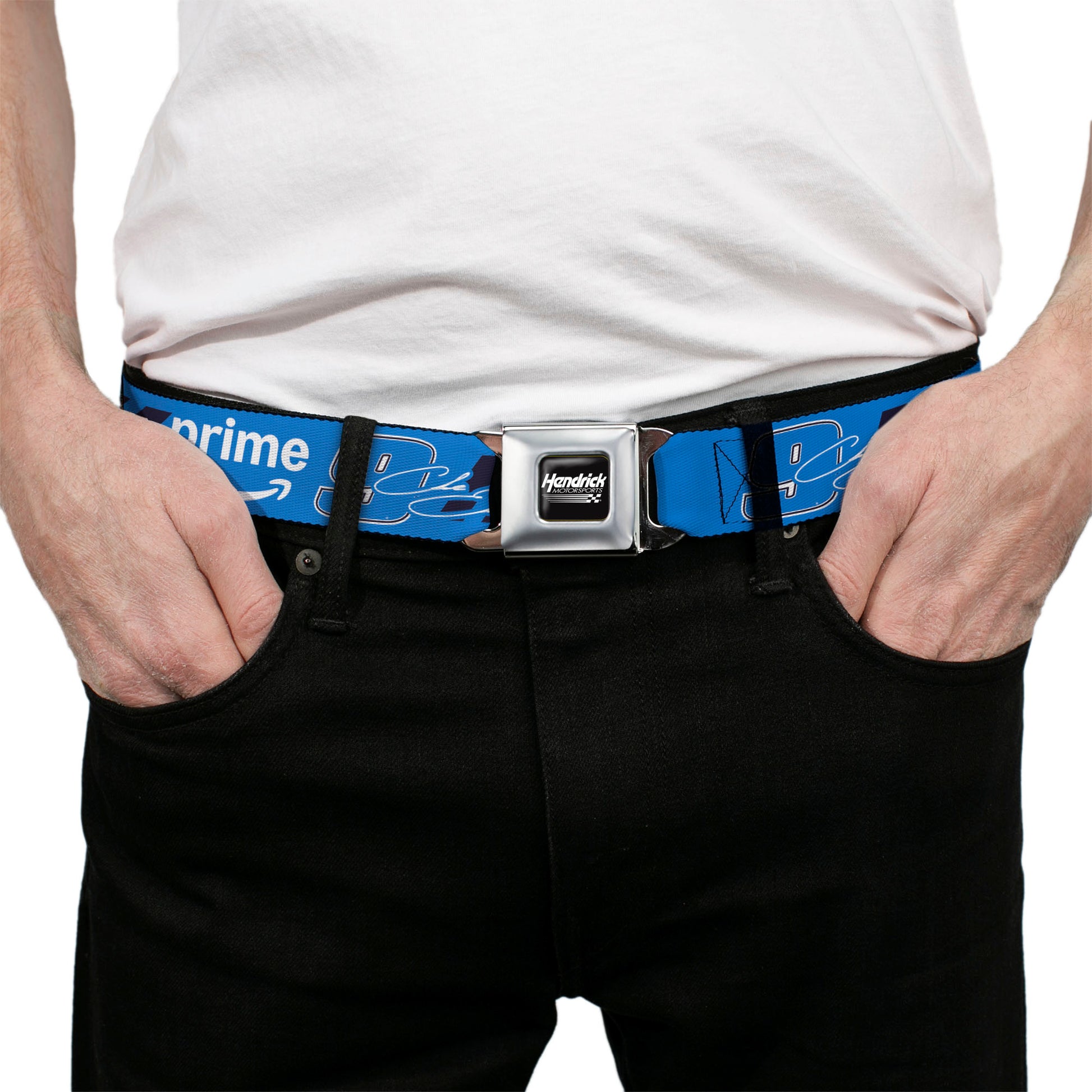 HENDRICK MOTORSPORTS Checker Logo Full Color Black/White Seatbelt Belt - Chase Elliott #9 Autograph PRIME Logo Blue/Black/White Webbing Seatbelt Belts Hendrick Motorsports