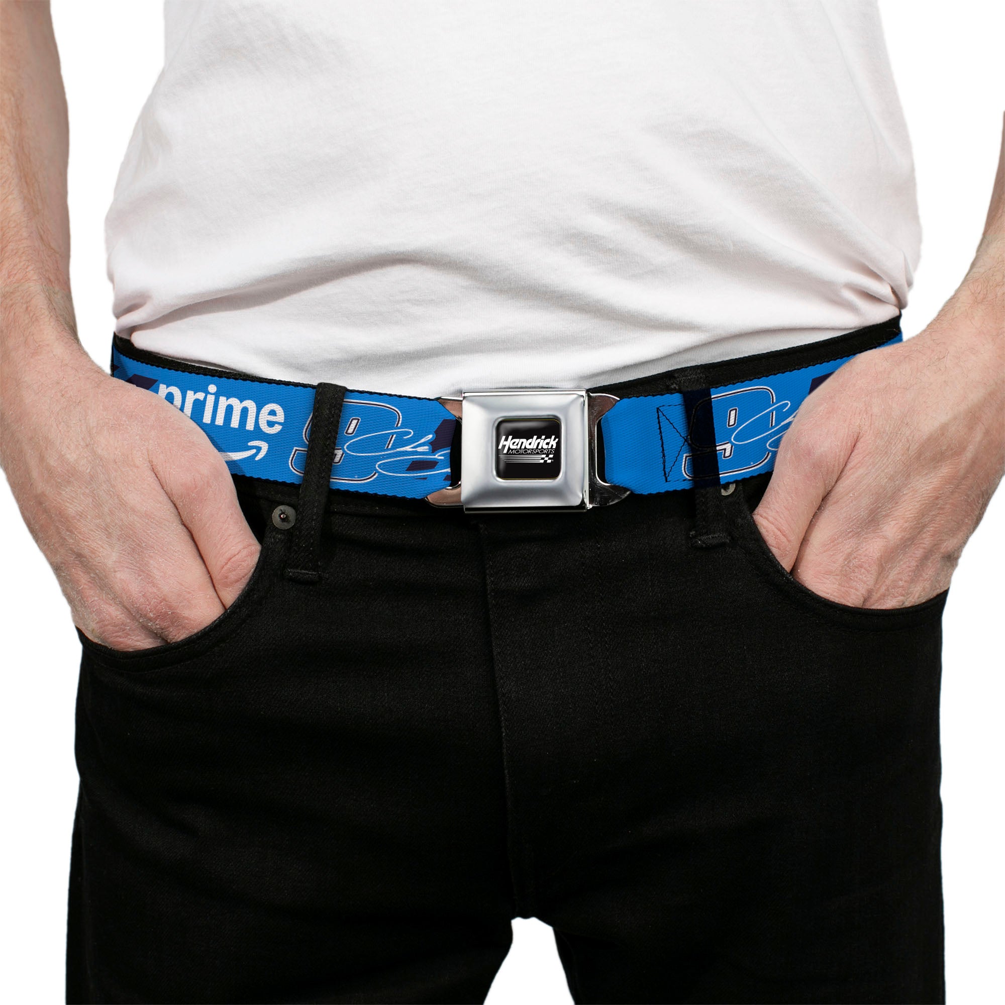 HENDRICK MOTORSPORTS Checker Logo Full Color Black/White Seatbelt Belt - Chase Elliott #9 Autograph PRIME Logo Blue/Black/White Webbing Seatbelt Belts Hendrick Motorsports