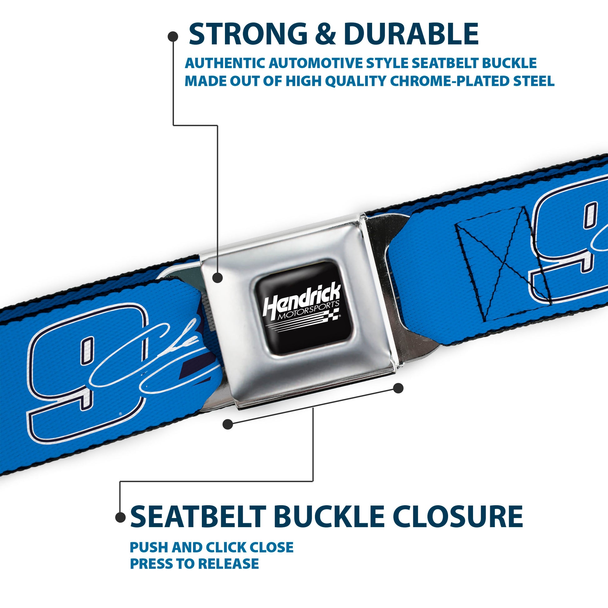 HENDRICK MOTORSPORTS Checker Logo Full Color Black/White Seatbelt Belt - Chase Elliott #9 Autograph PRIME Logo Blue/Black/White Webbing Seatbelt Belts Hendrick Motorsports