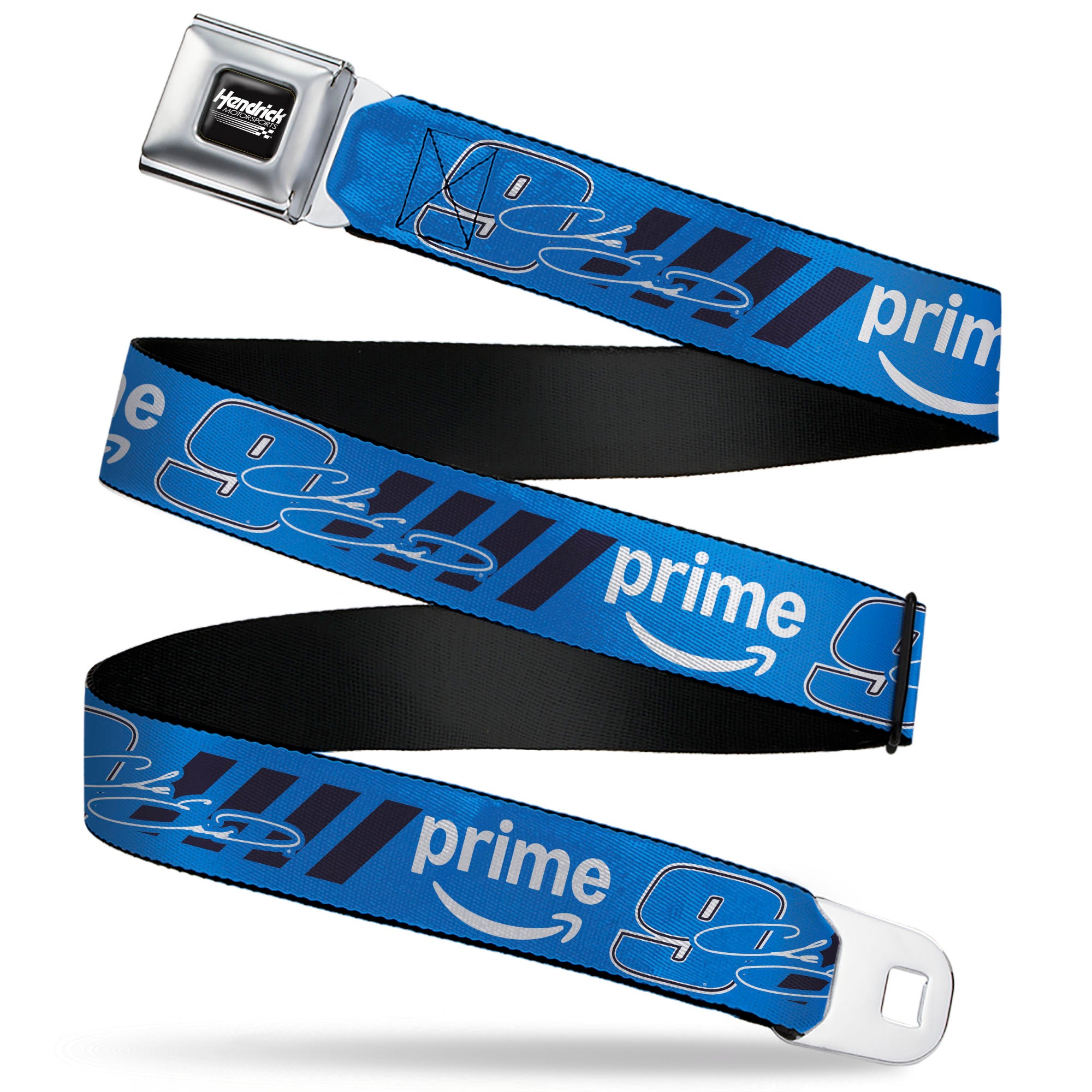 HENDRICK MOTORSPORTS Checker Logo Full Color Black/White Seatbelt Belt - Chase Elliott #9 Autograph PRIME Logo Blue/Black/White Webbing Seatbelt Belts Hendrick Motorsports