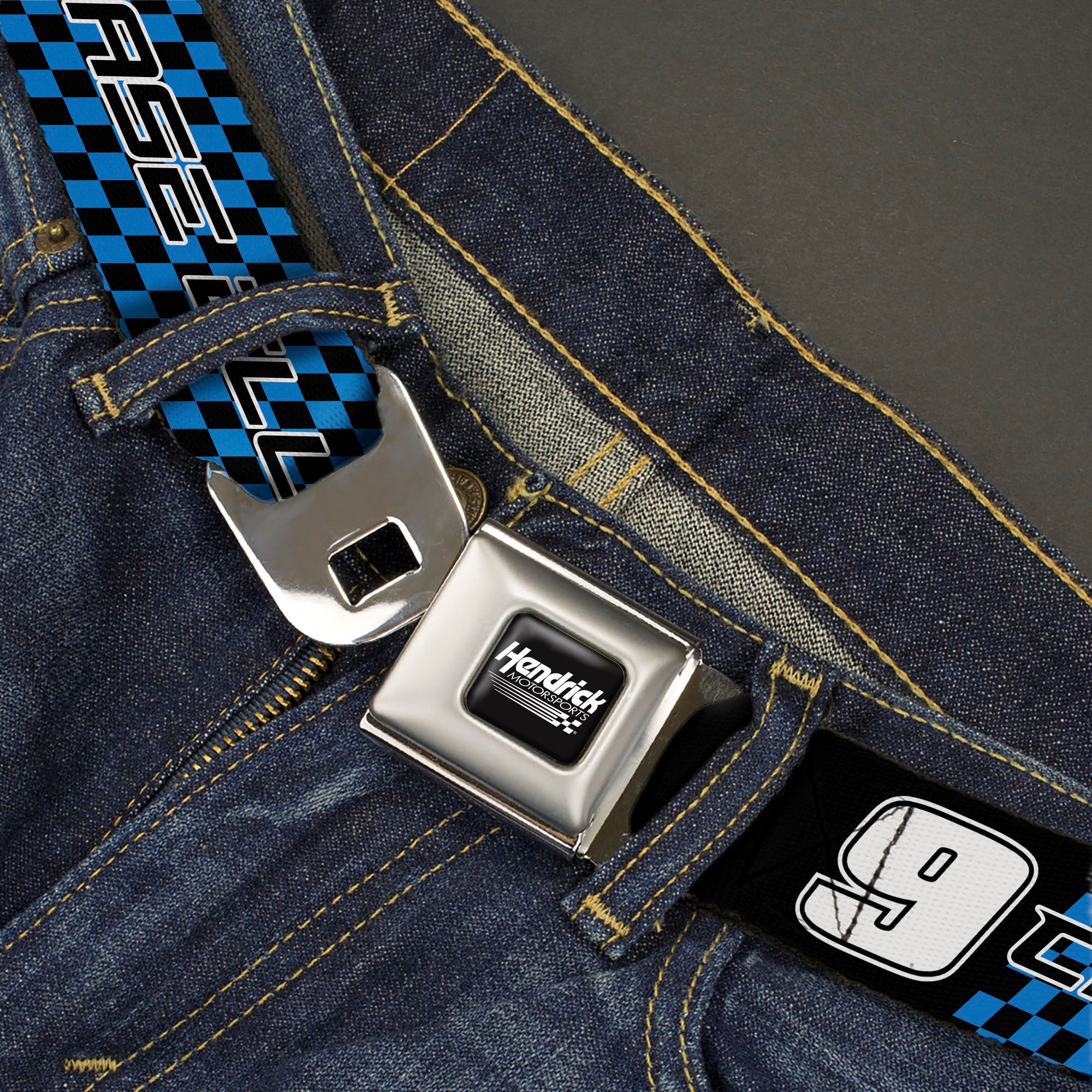 HENDRICK MOTORSPORTS Checker Logo Full Color Black/White Seatbelt Belt - CHASE ELLIOTT #9 PRIME Hendrick Motorsports Logo Black/White/Blue Webbing Seatbelt Belts Hendrick Motorsports